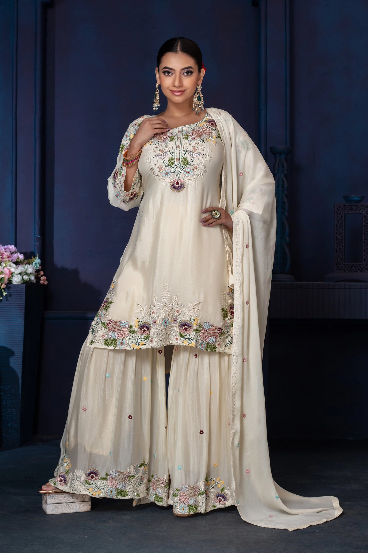 Chinon Embroidered Kurta Palazzo Set with Dupatta