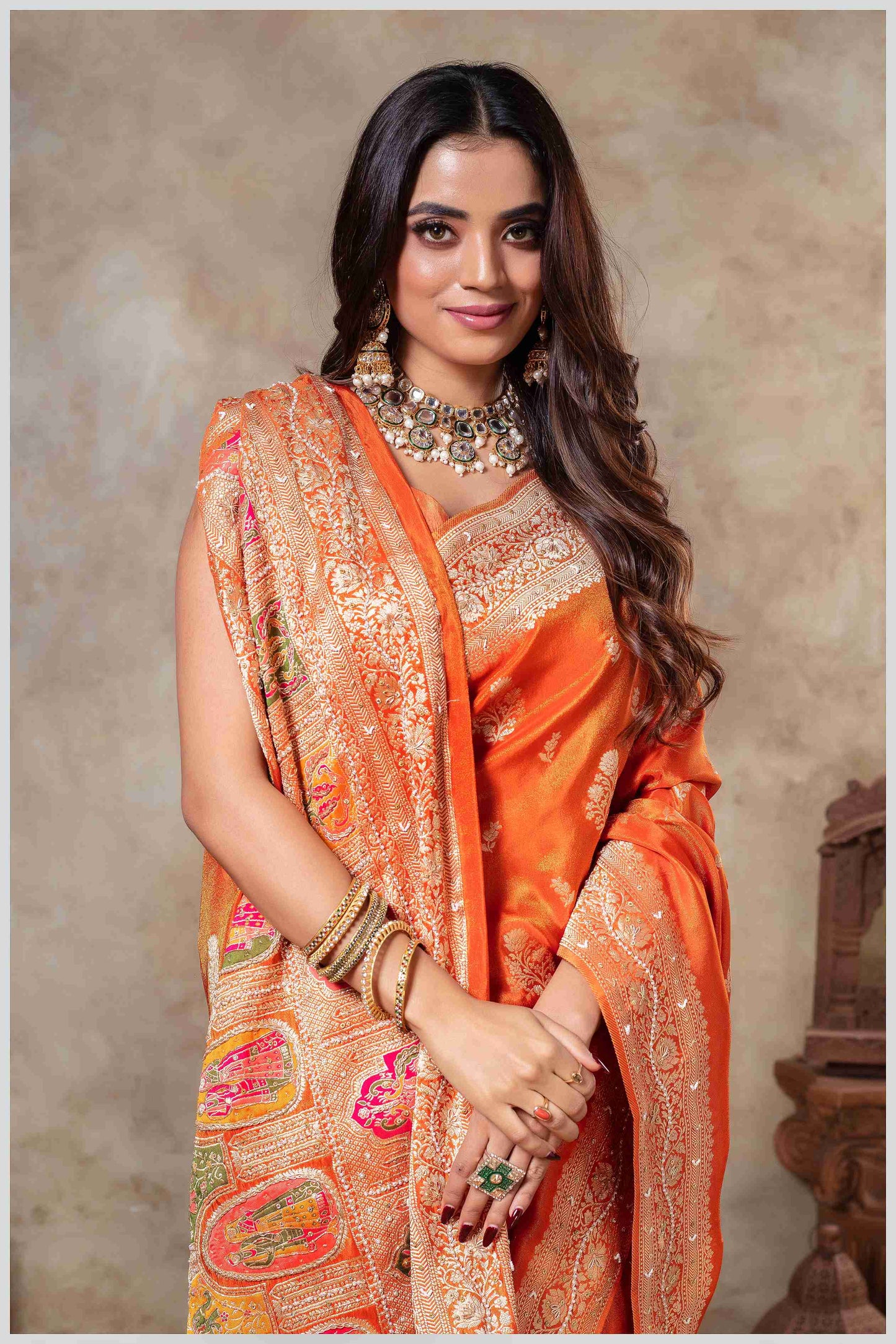 Rust Tissue Saree with Hand Embroidered Border