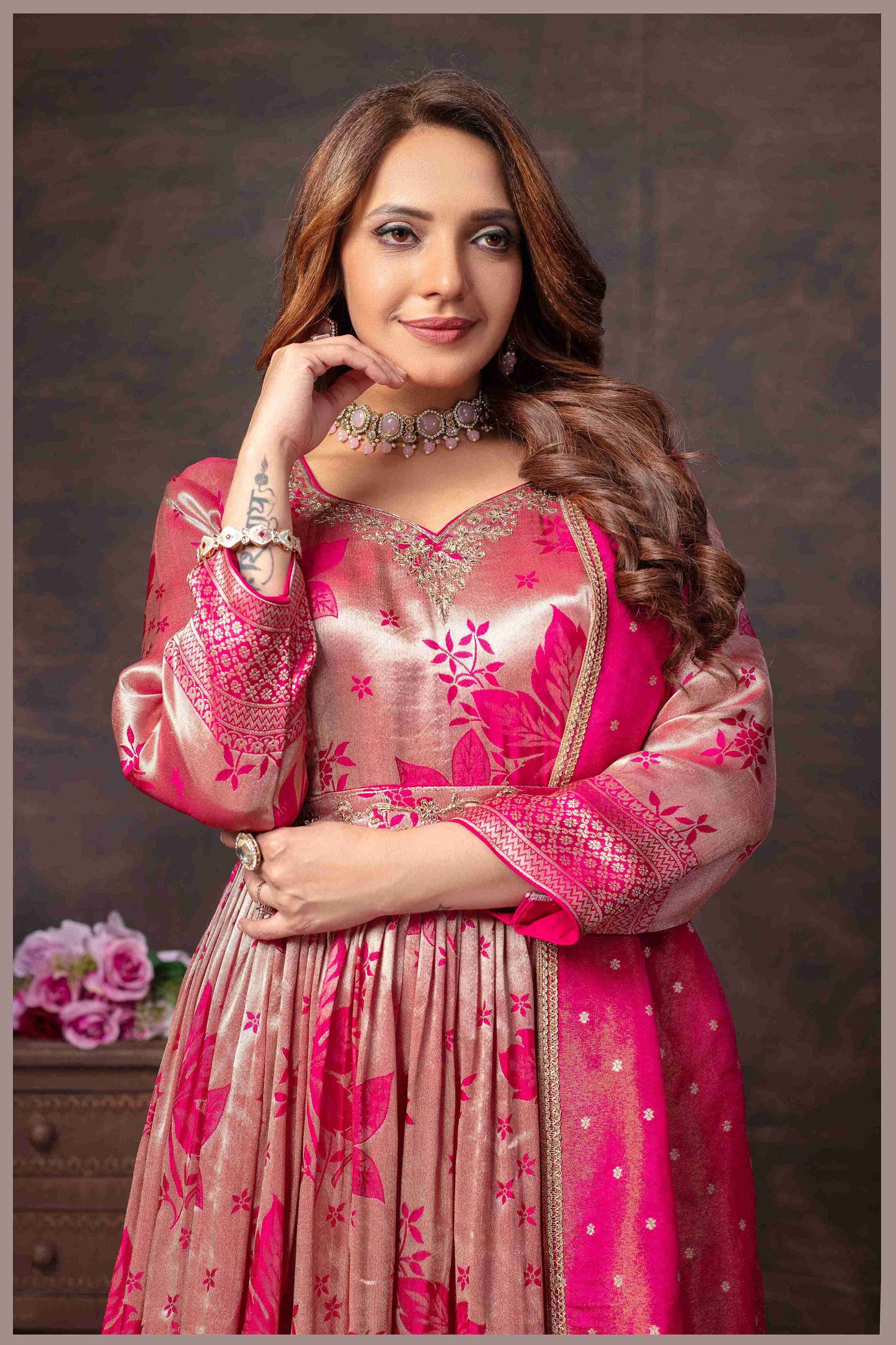 Rose Beige Anarkali with Rani Pink Dupatta