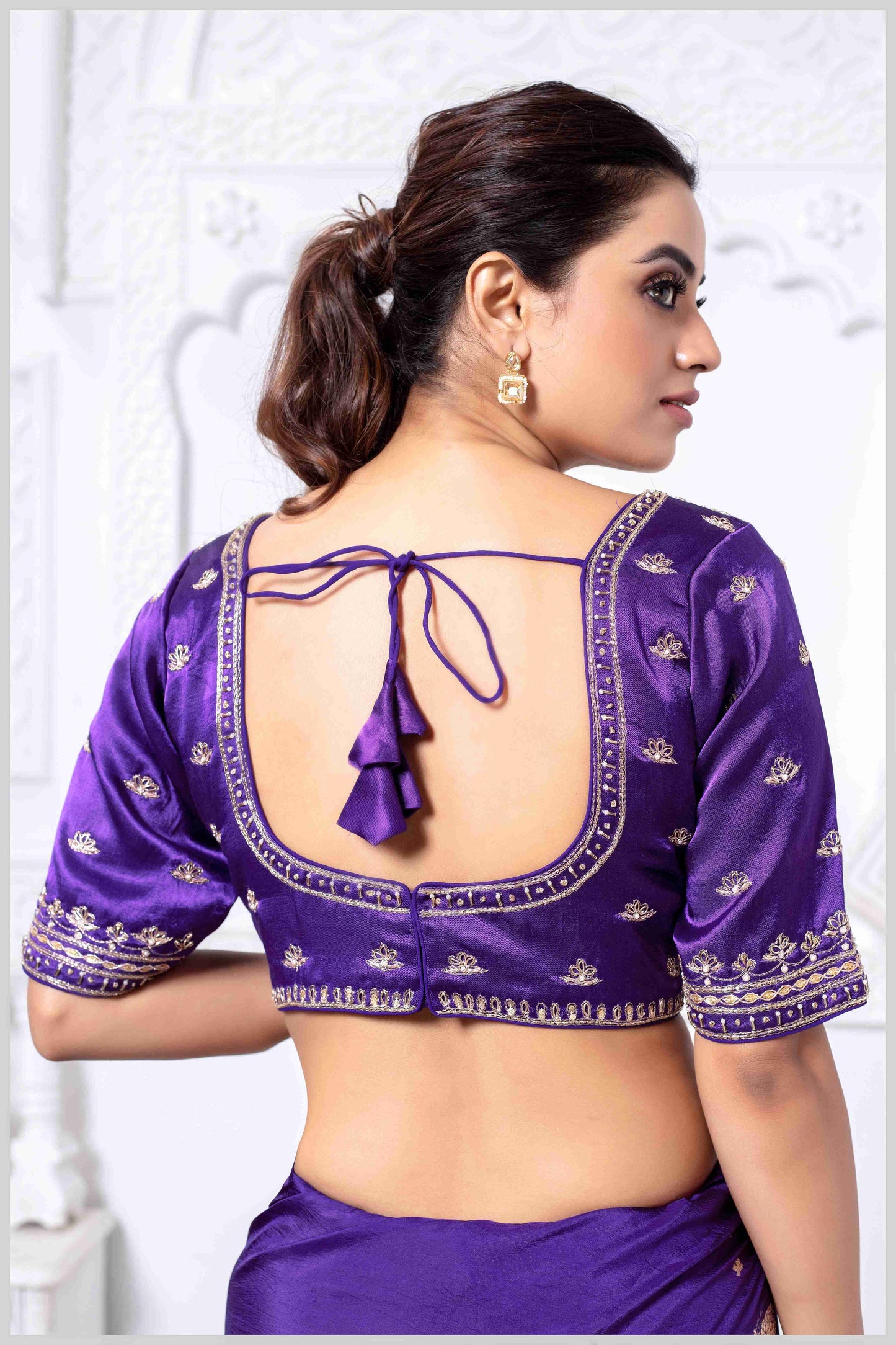 Majestic Purple Crepe Silk Saree with Rich Zari Work and Stitched Blouse