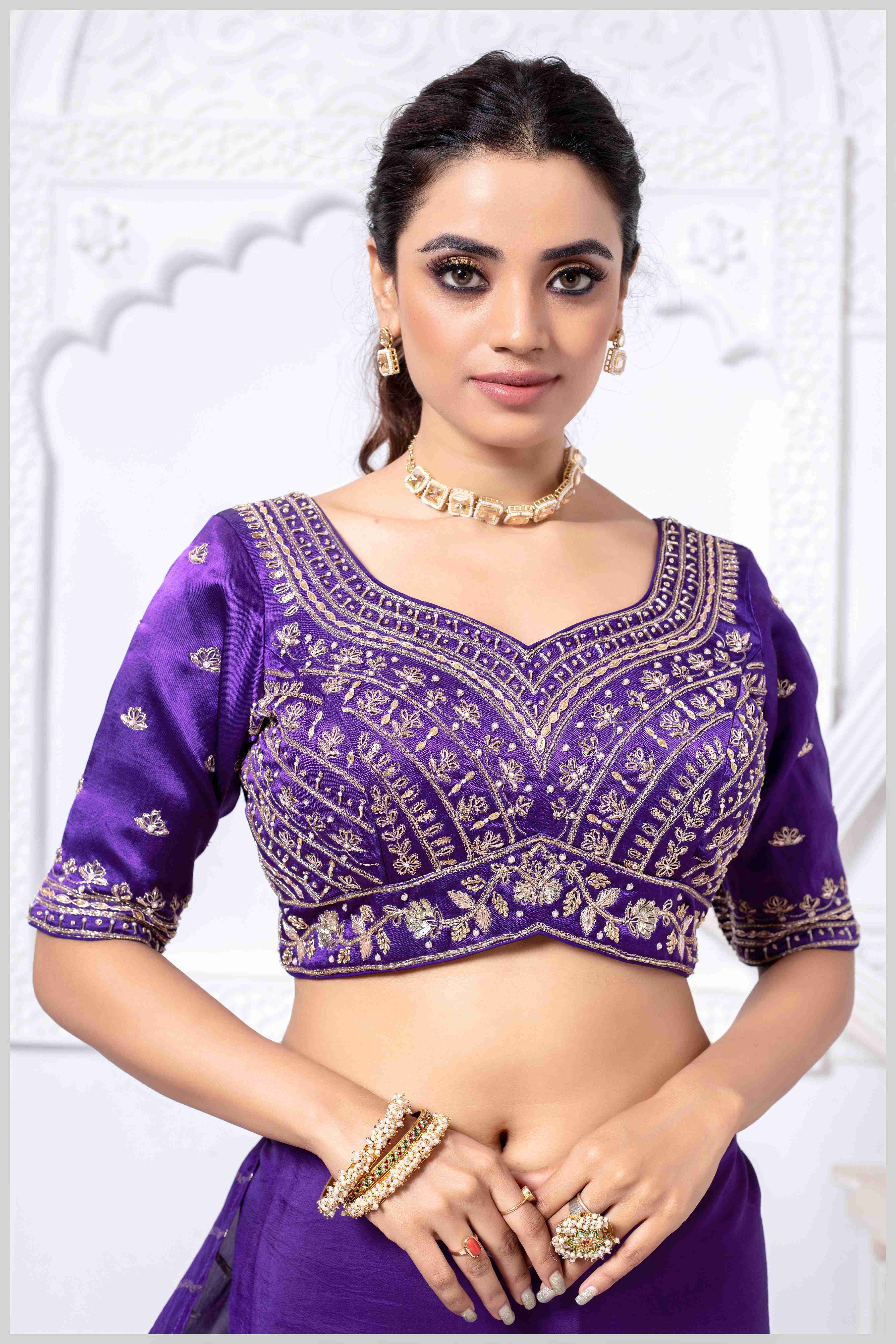 Majestic Purple Crepe Silk Saree with Rich Zari Work and Stitched Blouse