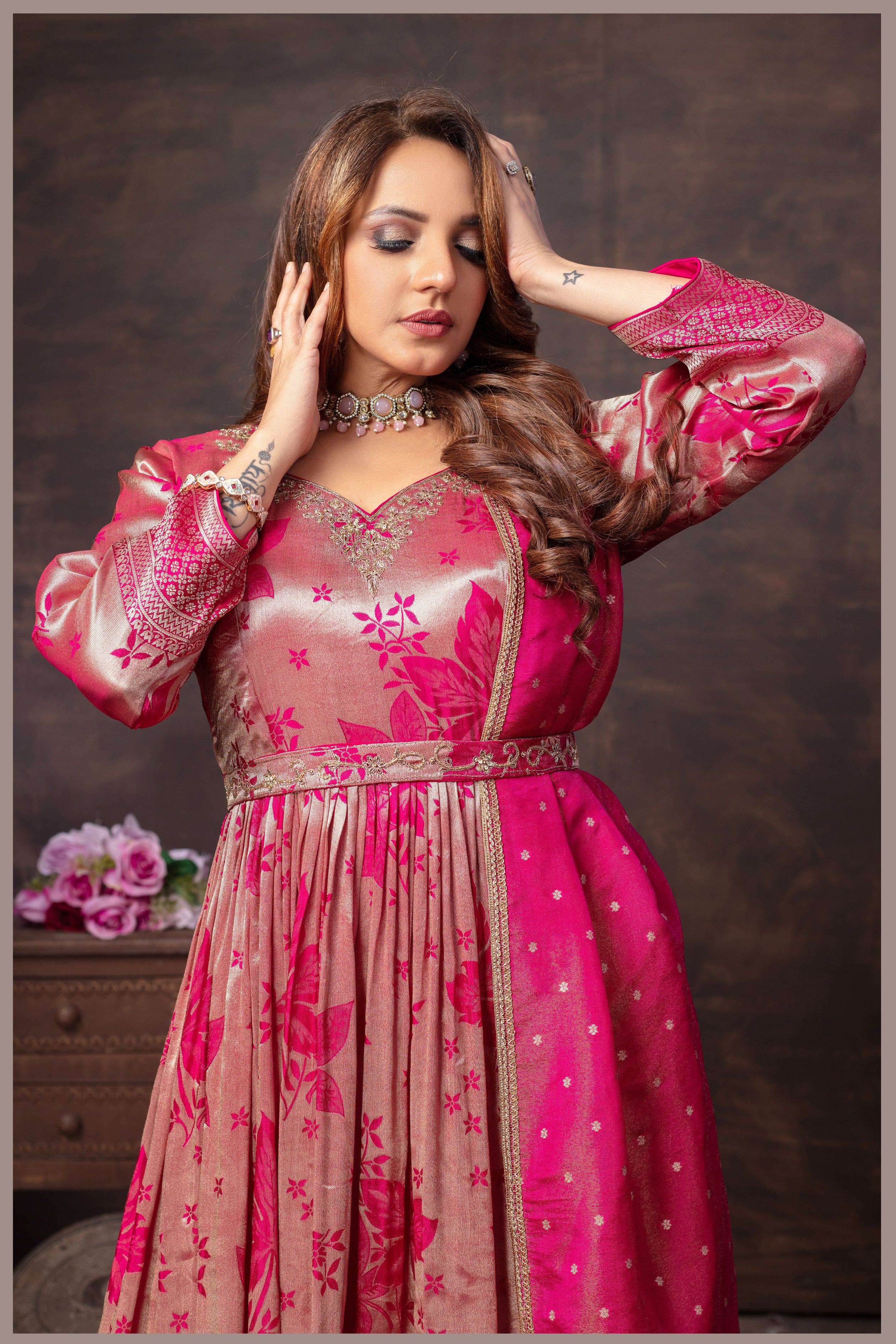 Rose Beige Anarkali with Rani Pink Dupatta
