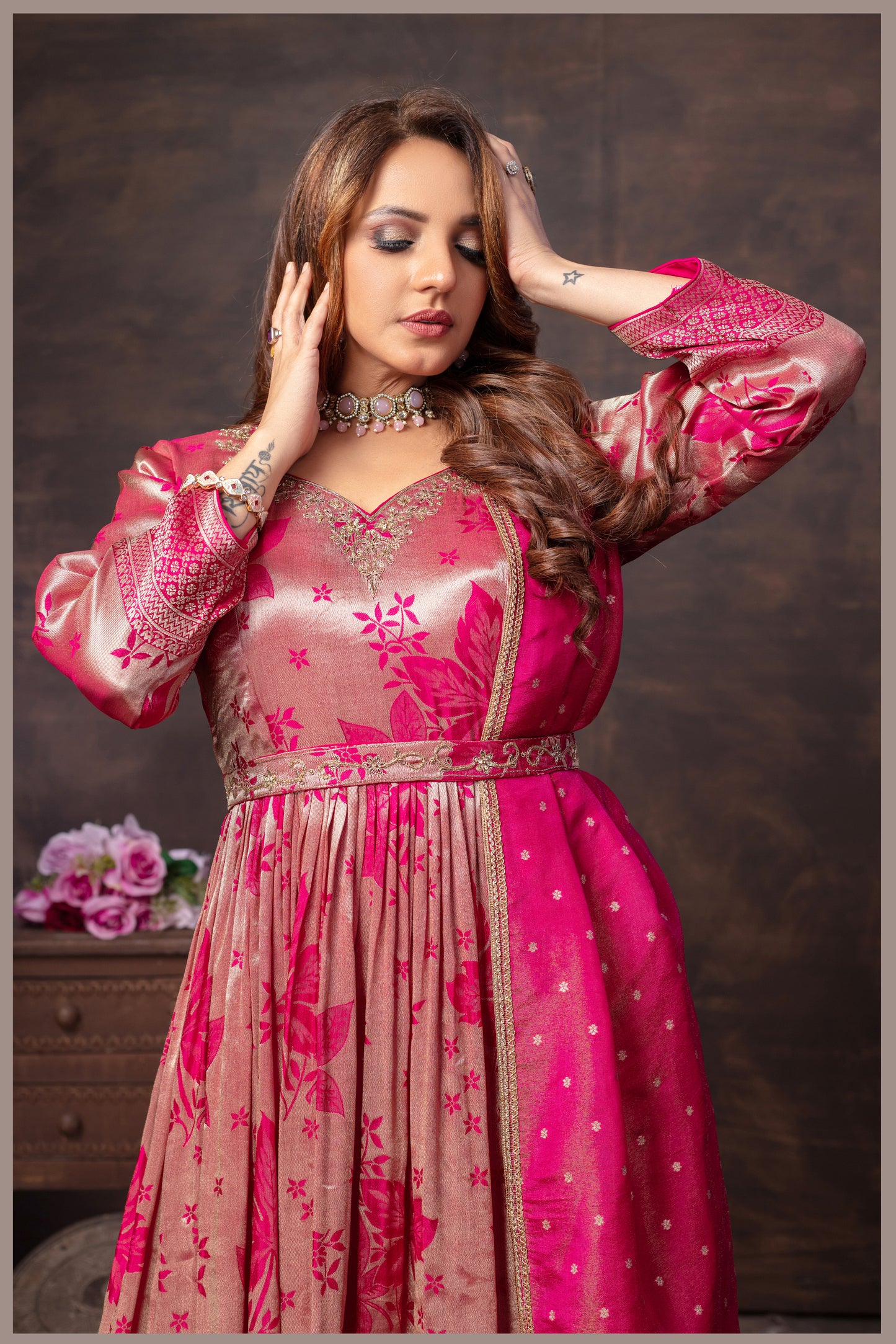 Rose Beige Anarkali with Rani Pink Dupatta