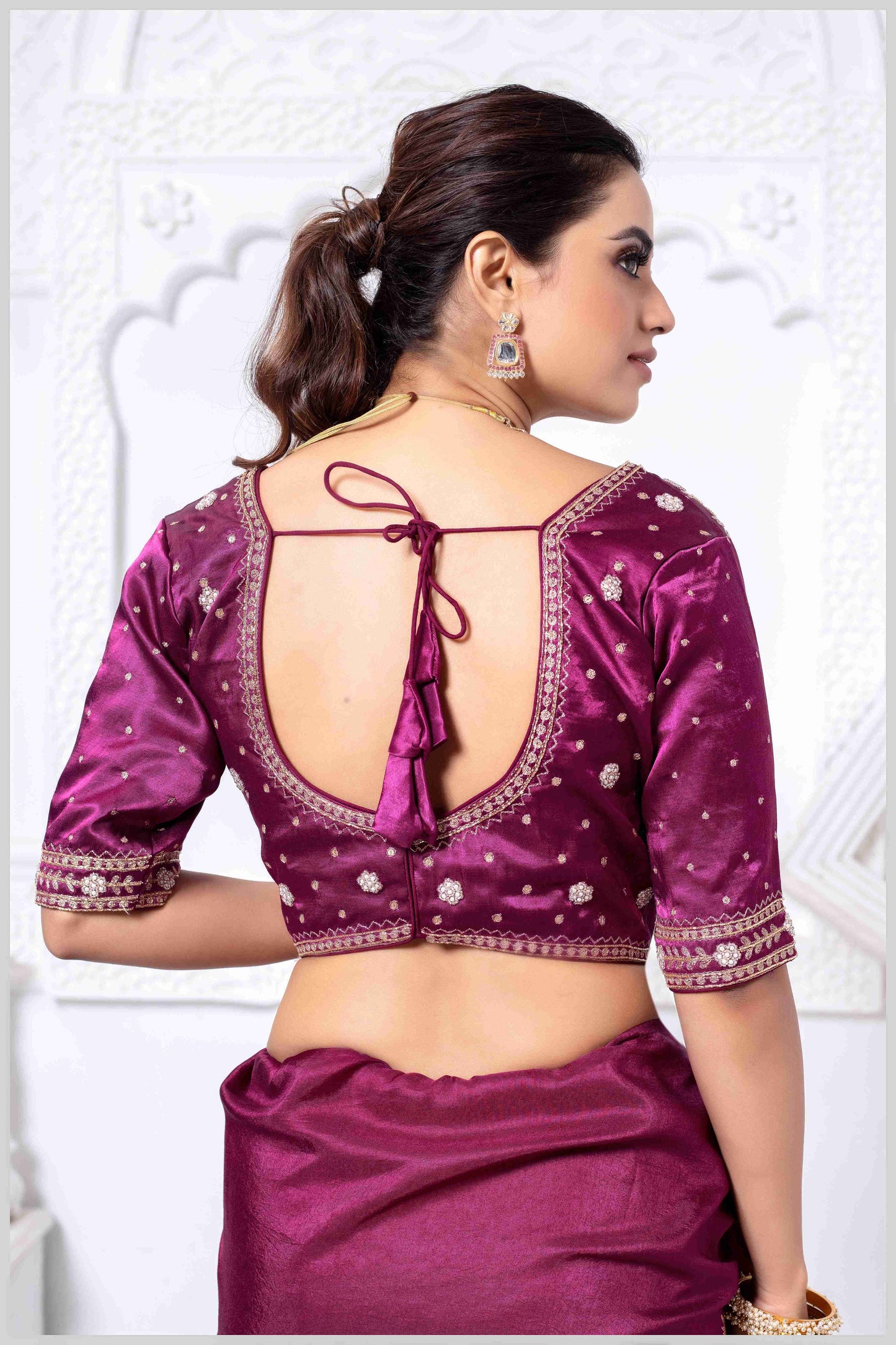 Regal Wine Zari Woven Silk Saree with Stitched Designer Blouse.