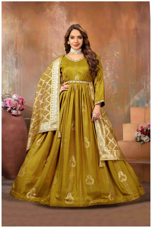Mehendi Anarkali with Gold Weave Dupatta