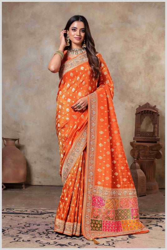 Rust Saree with Mirror Border & Patched Pallu