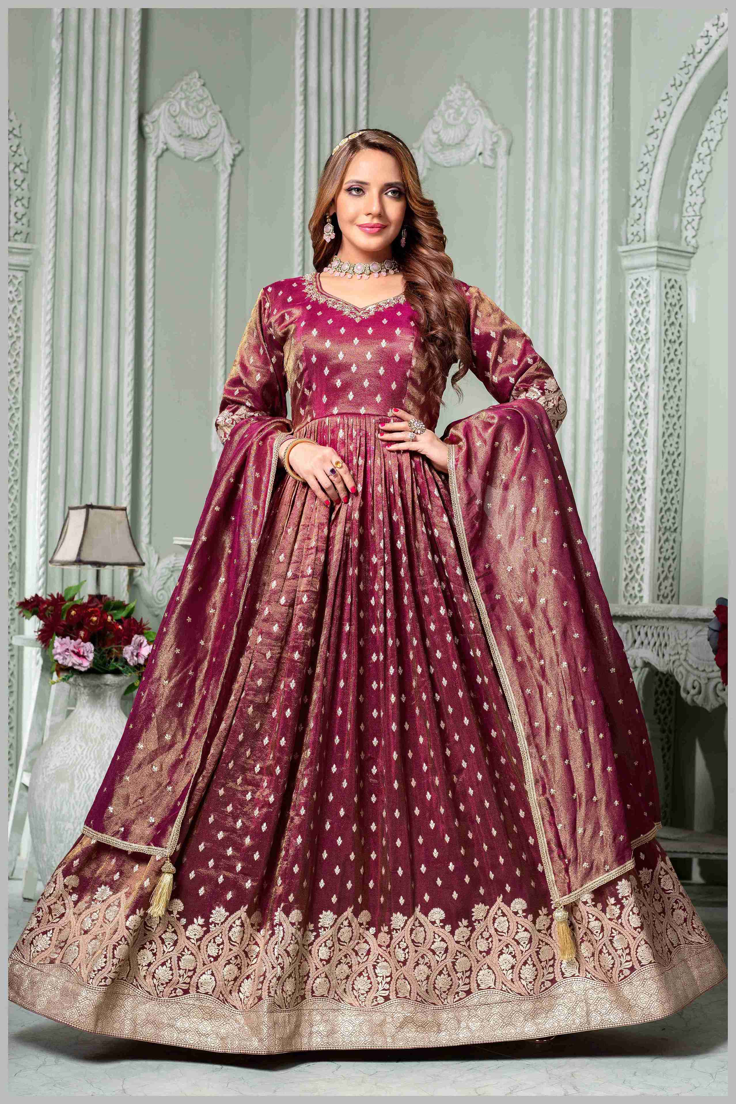 Radiate Grace in This Timeless Magenta Tissue Silk Anarkali Gown