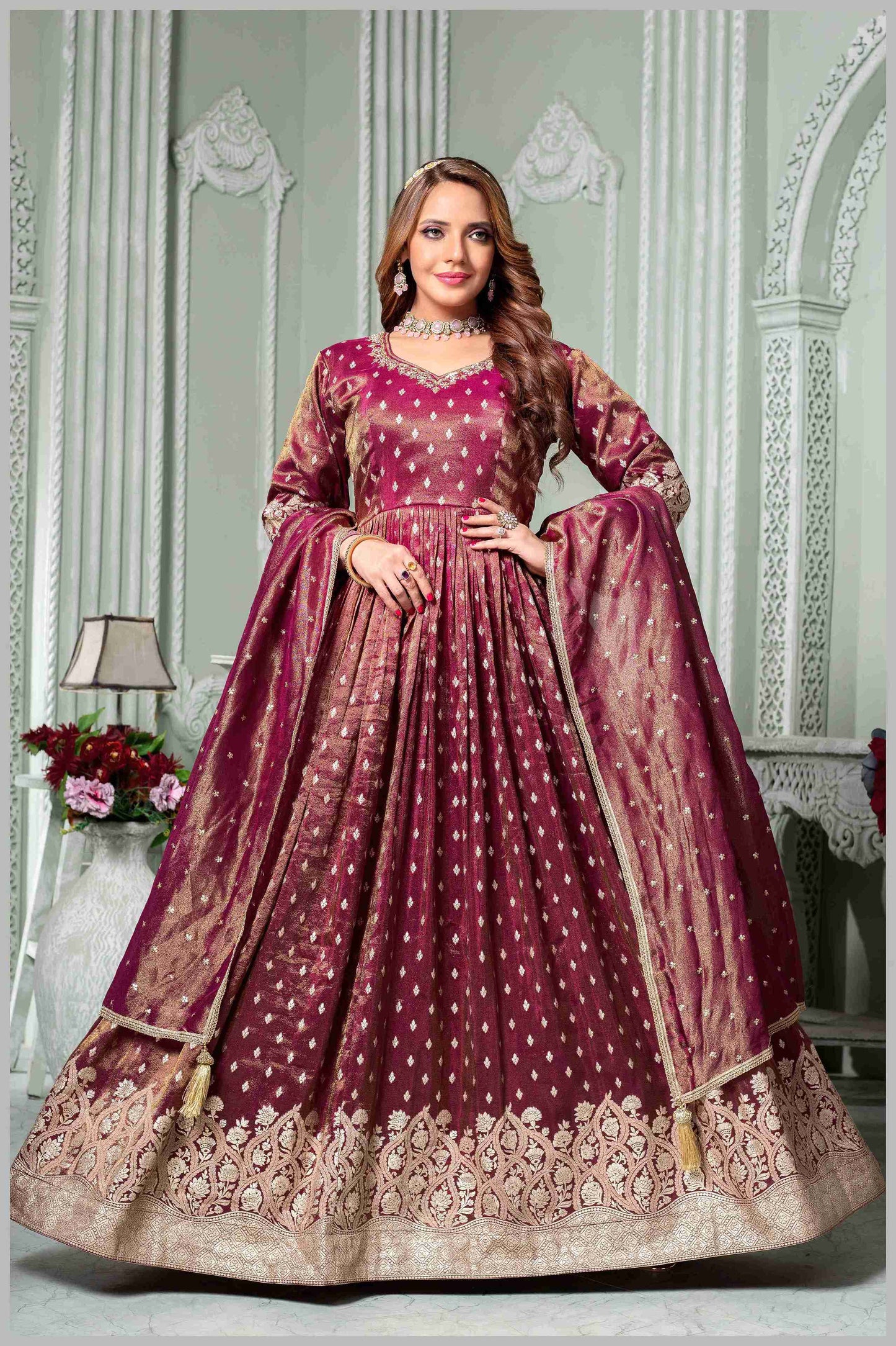Radiate Grace in This Timeless Magenta Tissue Silk Anarkali Gown