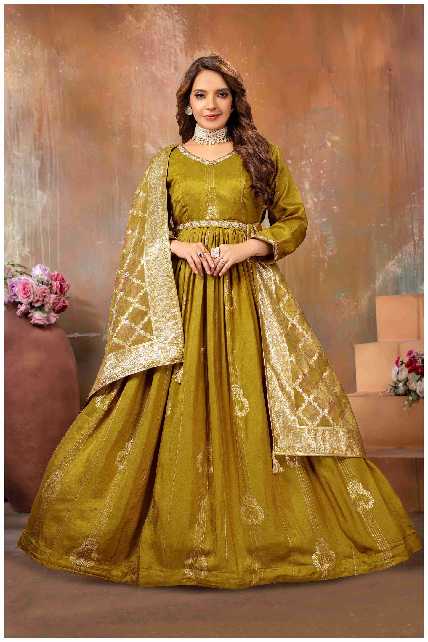 Mehendi Anarkali with Gold Weave Dupatta