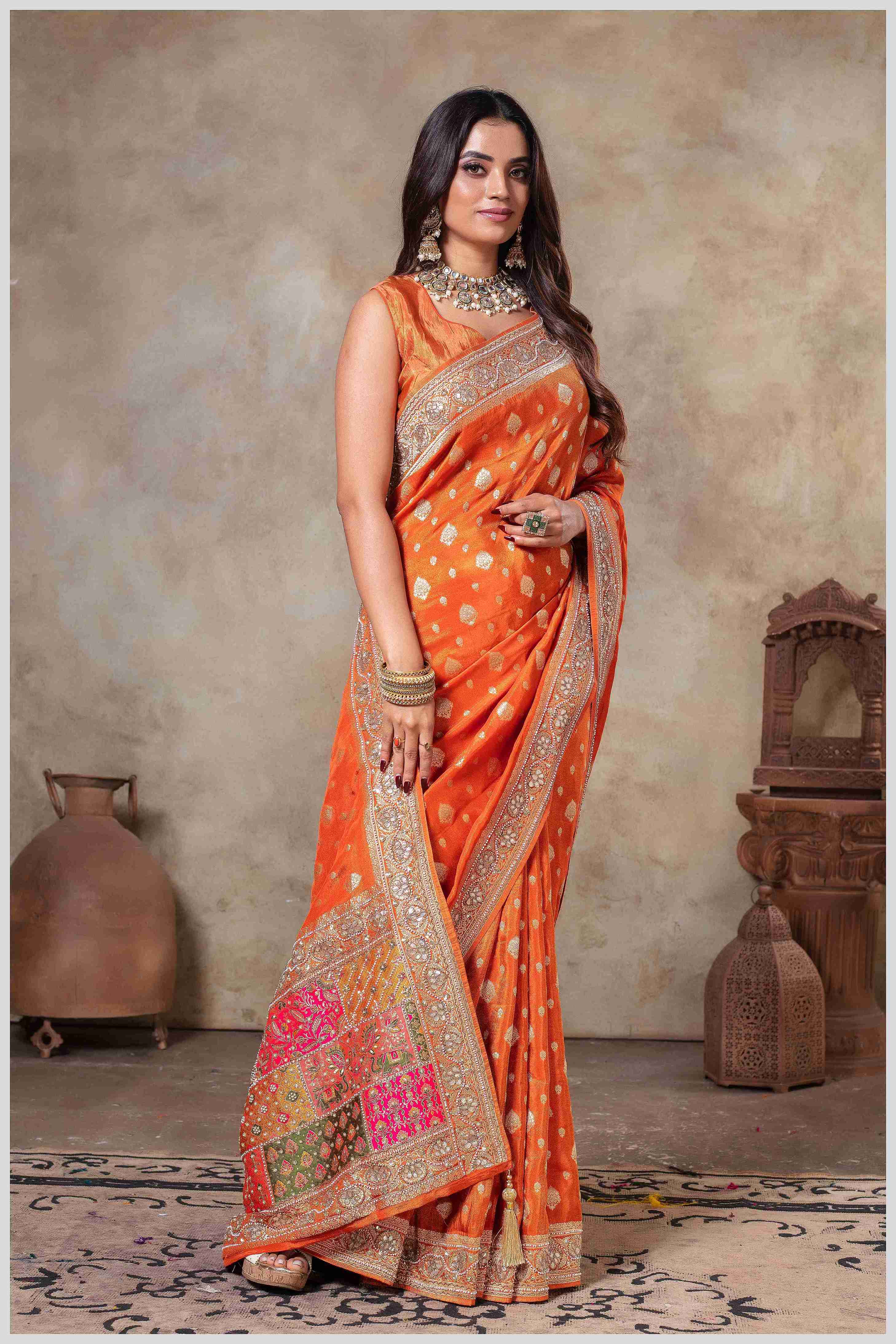 Rust Saree with Mirror Border & Patched Pallu