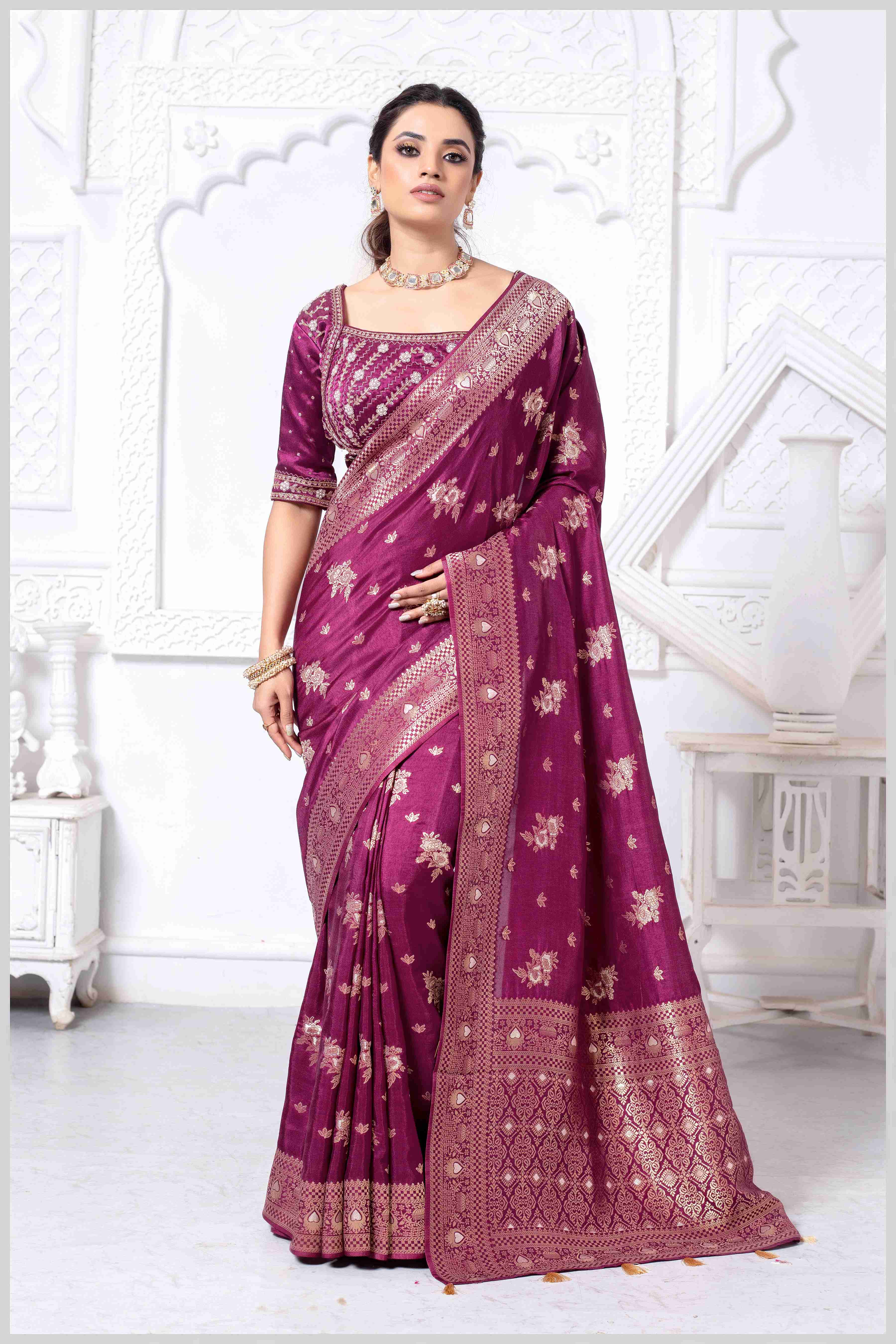 Majestic Wine Crepe Silk Saree With Zari Woven Saree