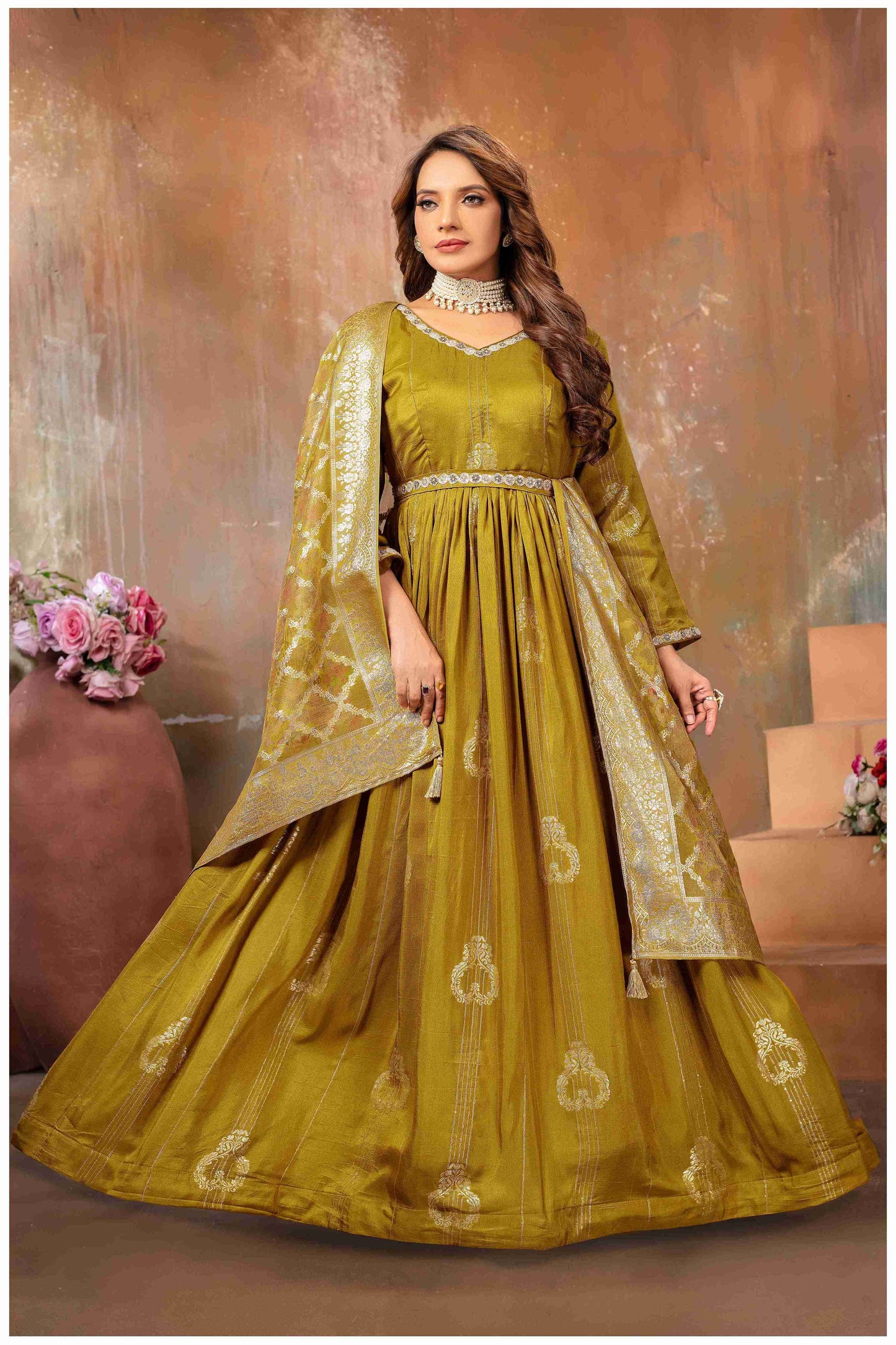 Mehendi Anarkali with Gold Weave Dupatta