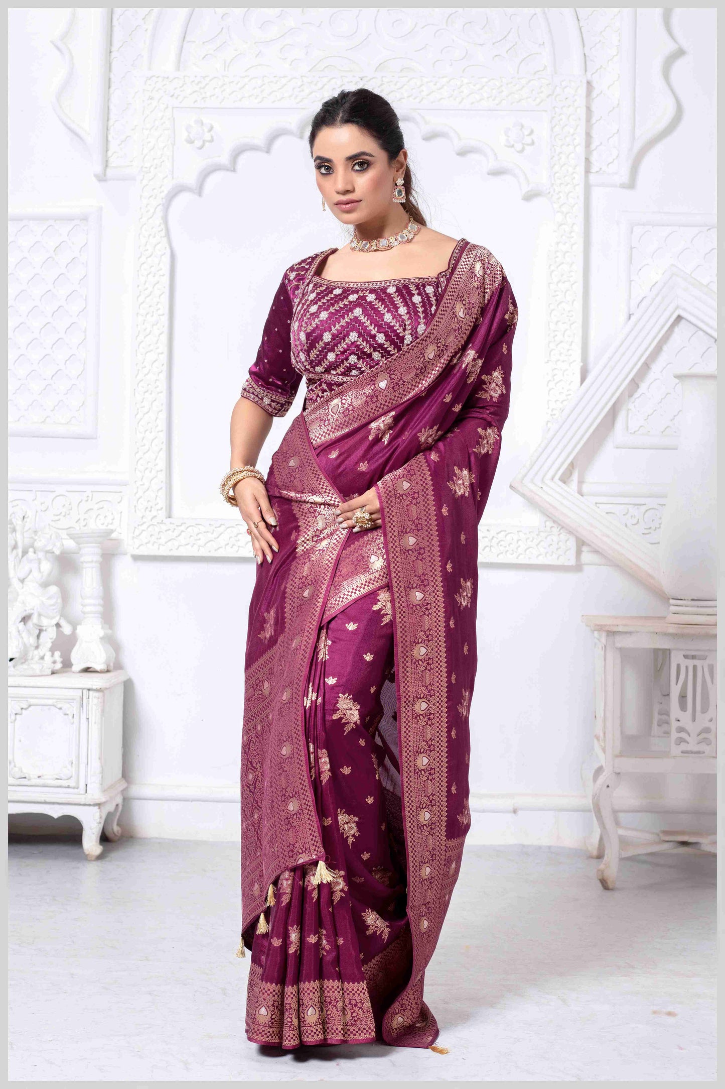 Regal Wine Zari Woven Silk Saree with Stitched Designer Blouse.