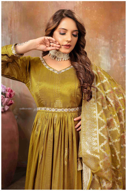 Mehendi Anarkali with Gold Weave Dupatta