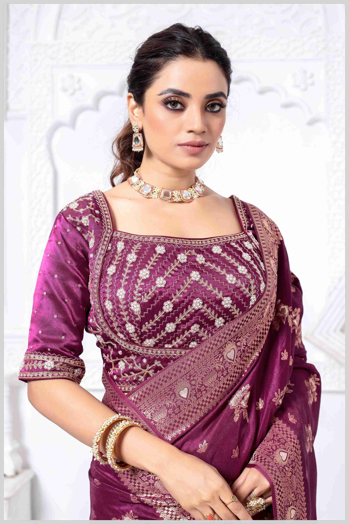 Regal Wine Zari Woven Silk Saree with Stitched Designer Blouse.