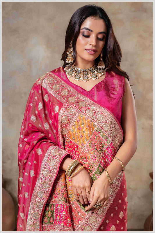 Pink Silk Saree with Mirror Border & Patched Pallu