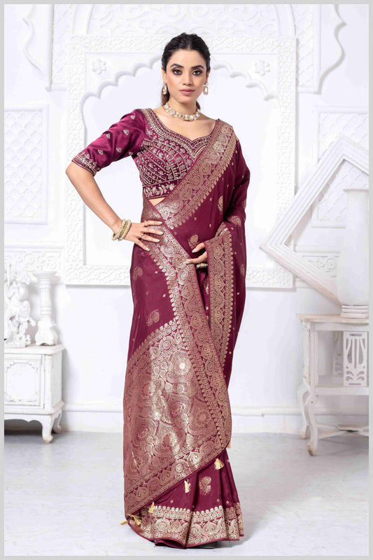 Majestic Wine Crepe Silk Saree With Zari Woven Saree