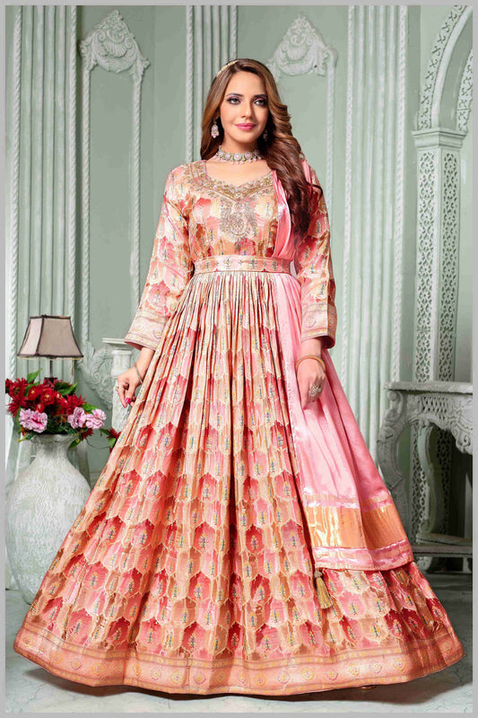 Peach Pink Woven Anarkali with Contrasting Silk Dupatta