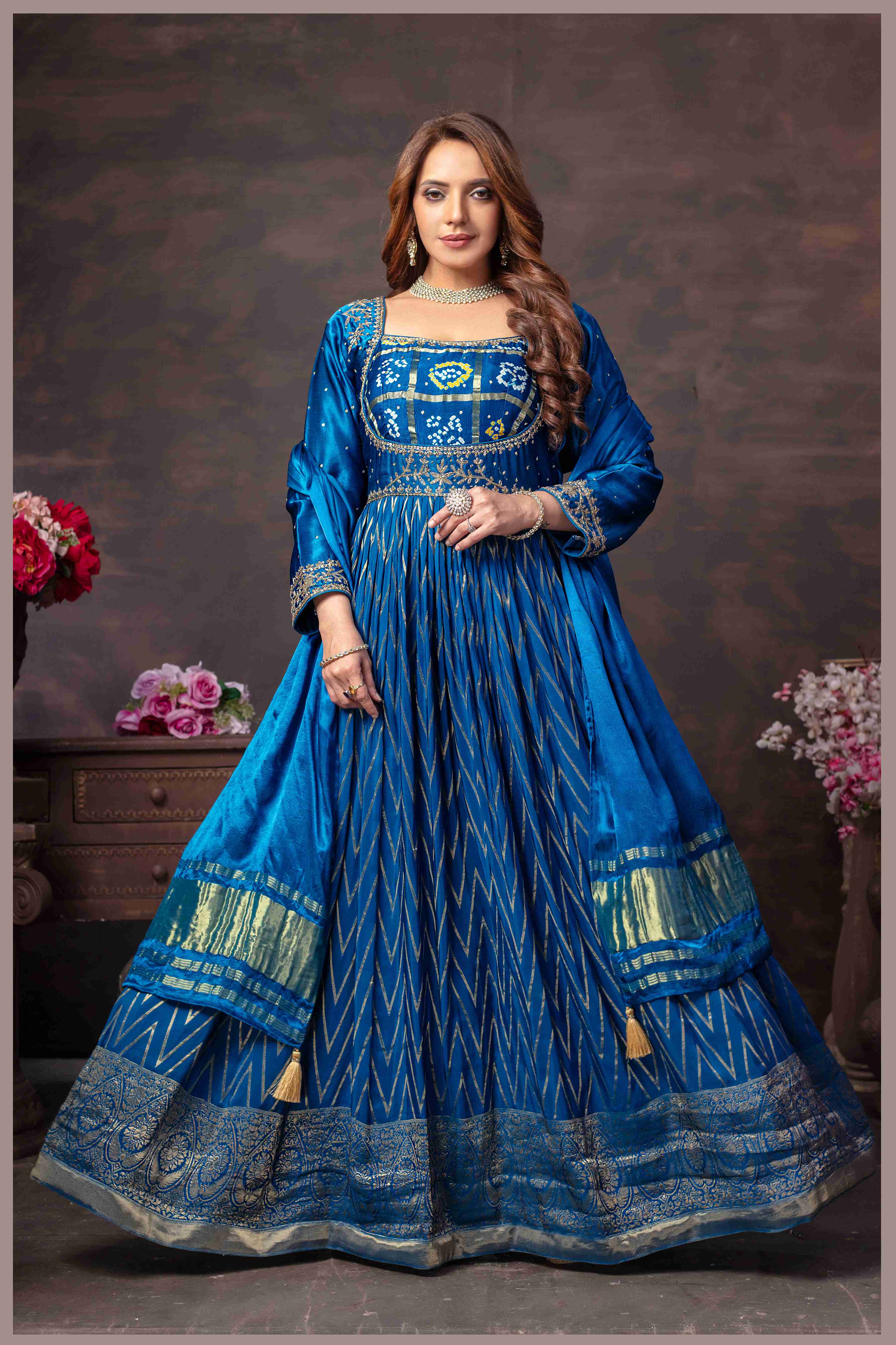 Blue Anarkali with Bandhej Motifs