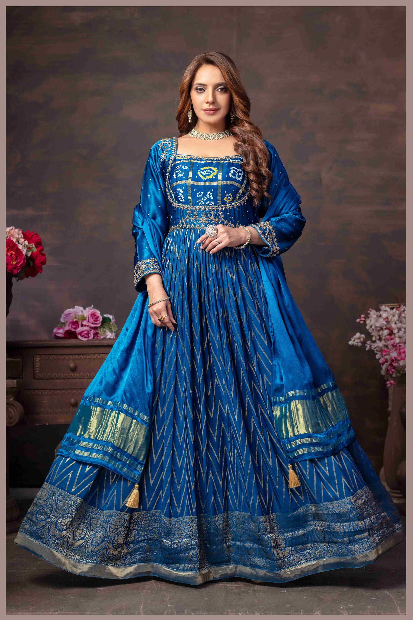 Blue Anarkali with Bandhej Motifs