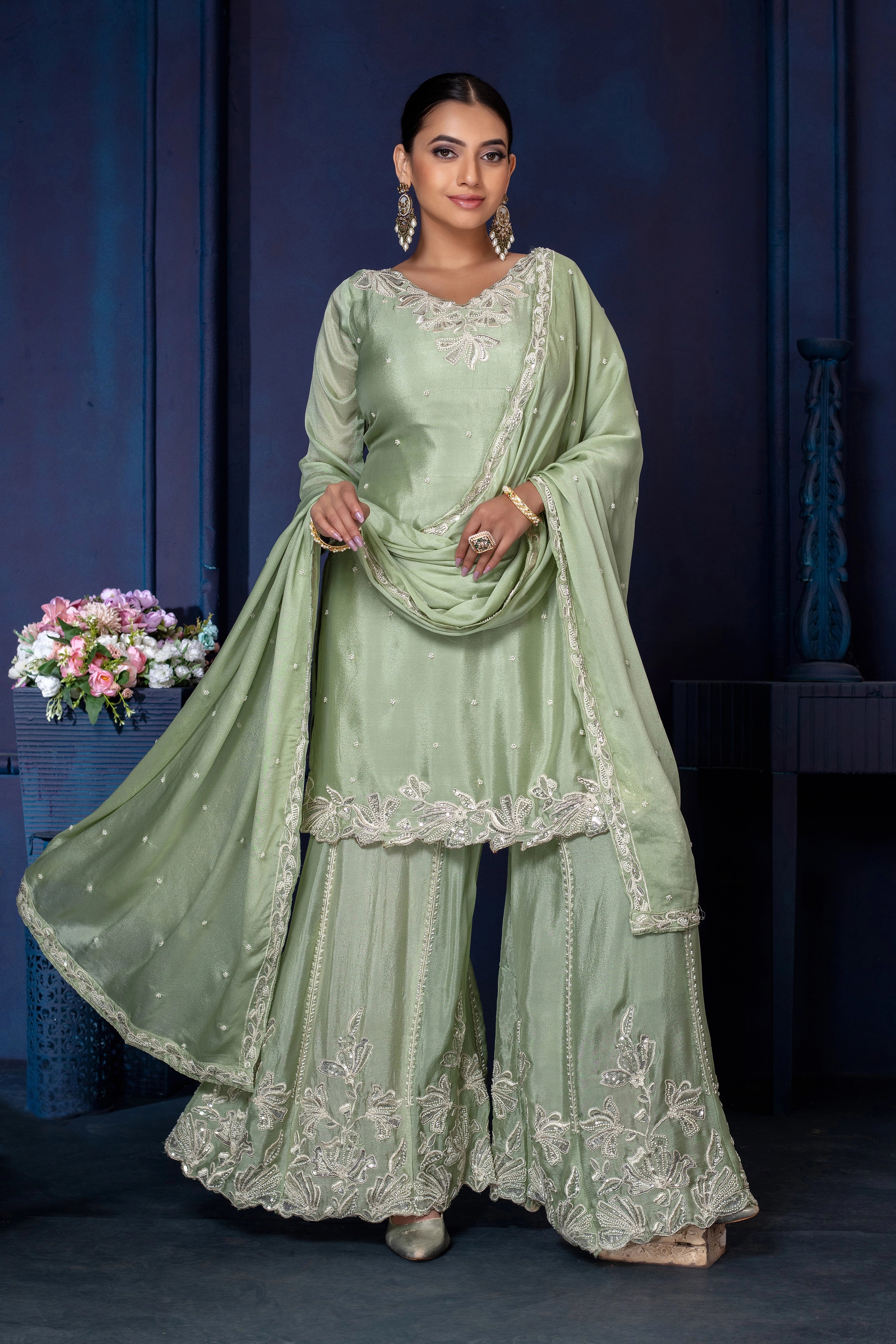 Chinon Beads Work Kurta Palazzo Set with Dupatta