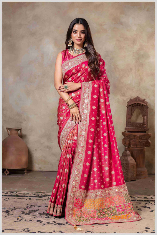 Pink Silk Saree with Mirror Border & Patched Pallu