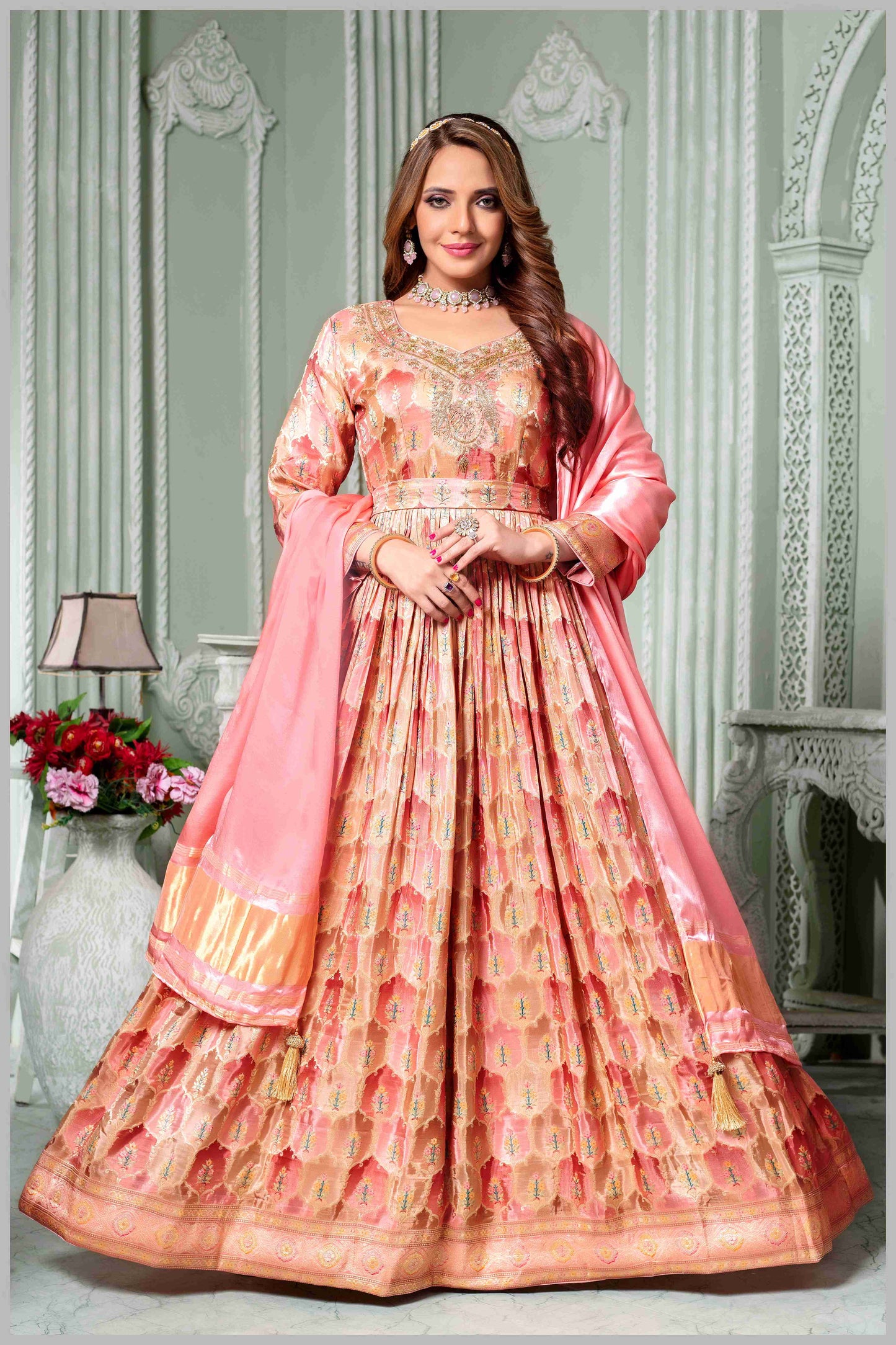Peach Pink Woven Anarkali with Contrasting Silk Dupatta