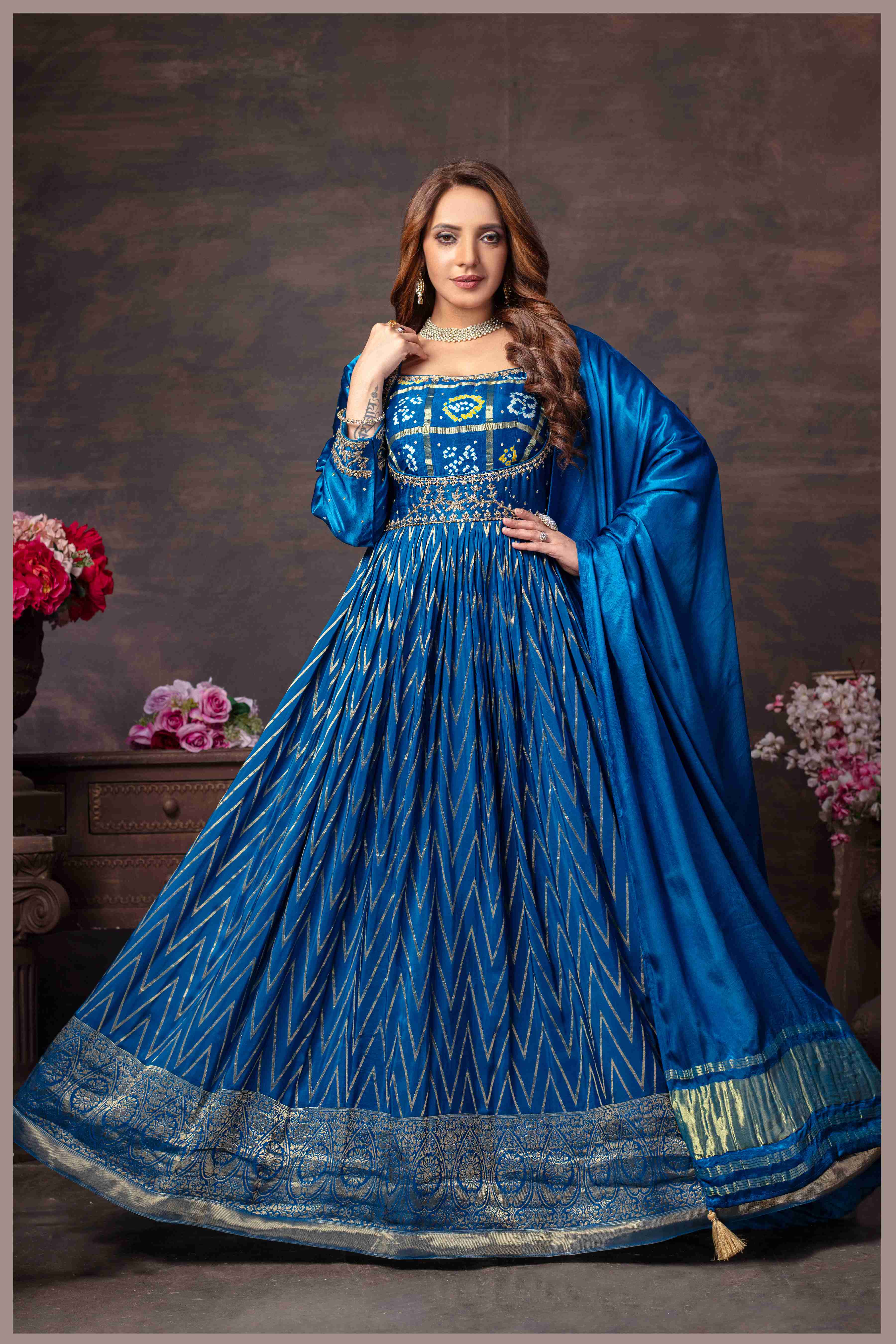 Blue Anarkali with Bandhej Motifs