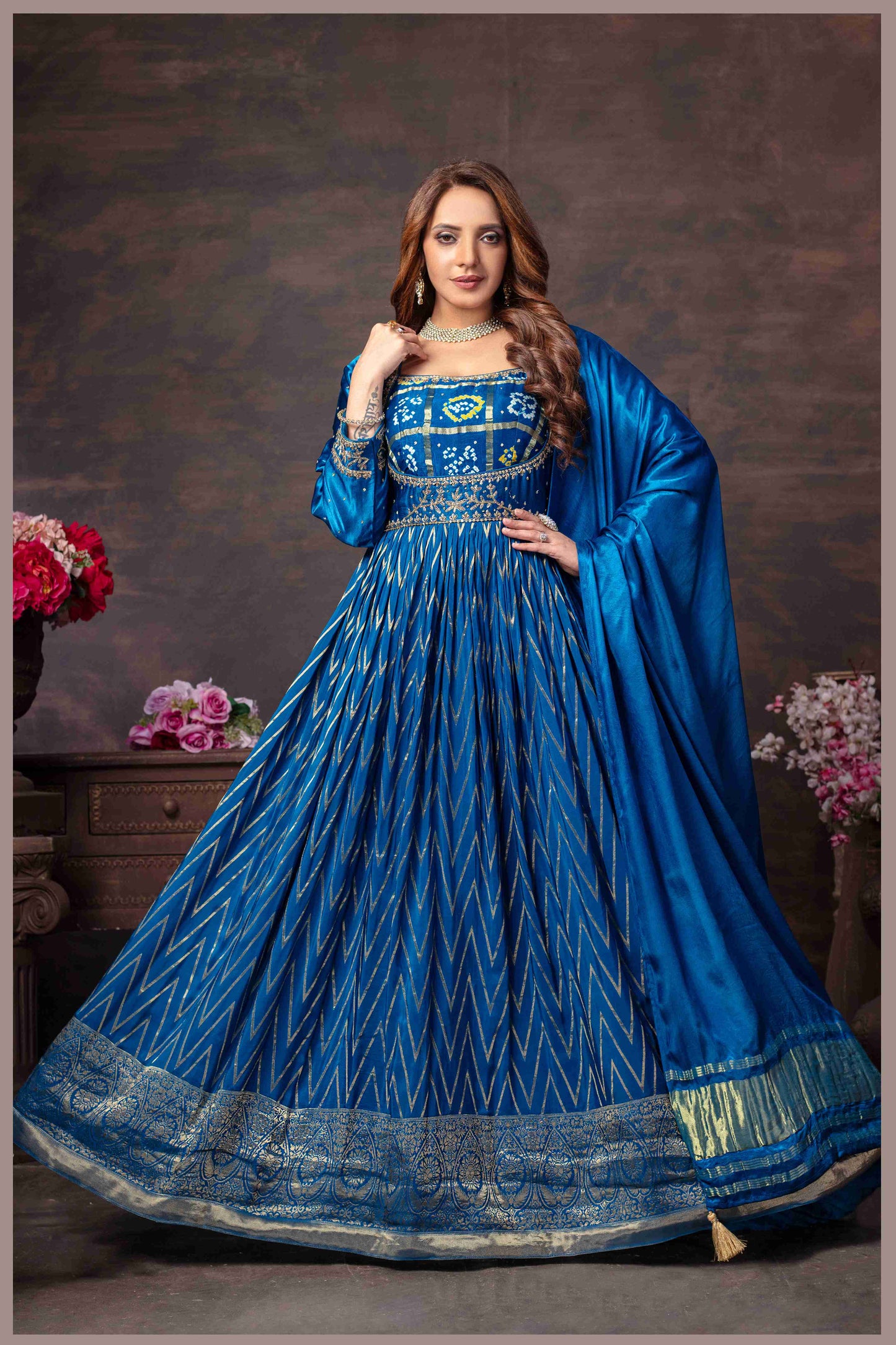 Blue Anarkali with Bandhej Motifs