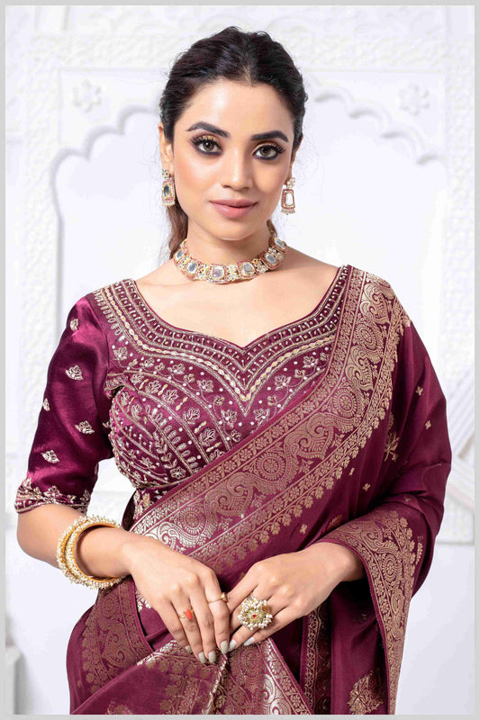 Majestic Wine Crepe Silk Saree With Zari Woven Saree