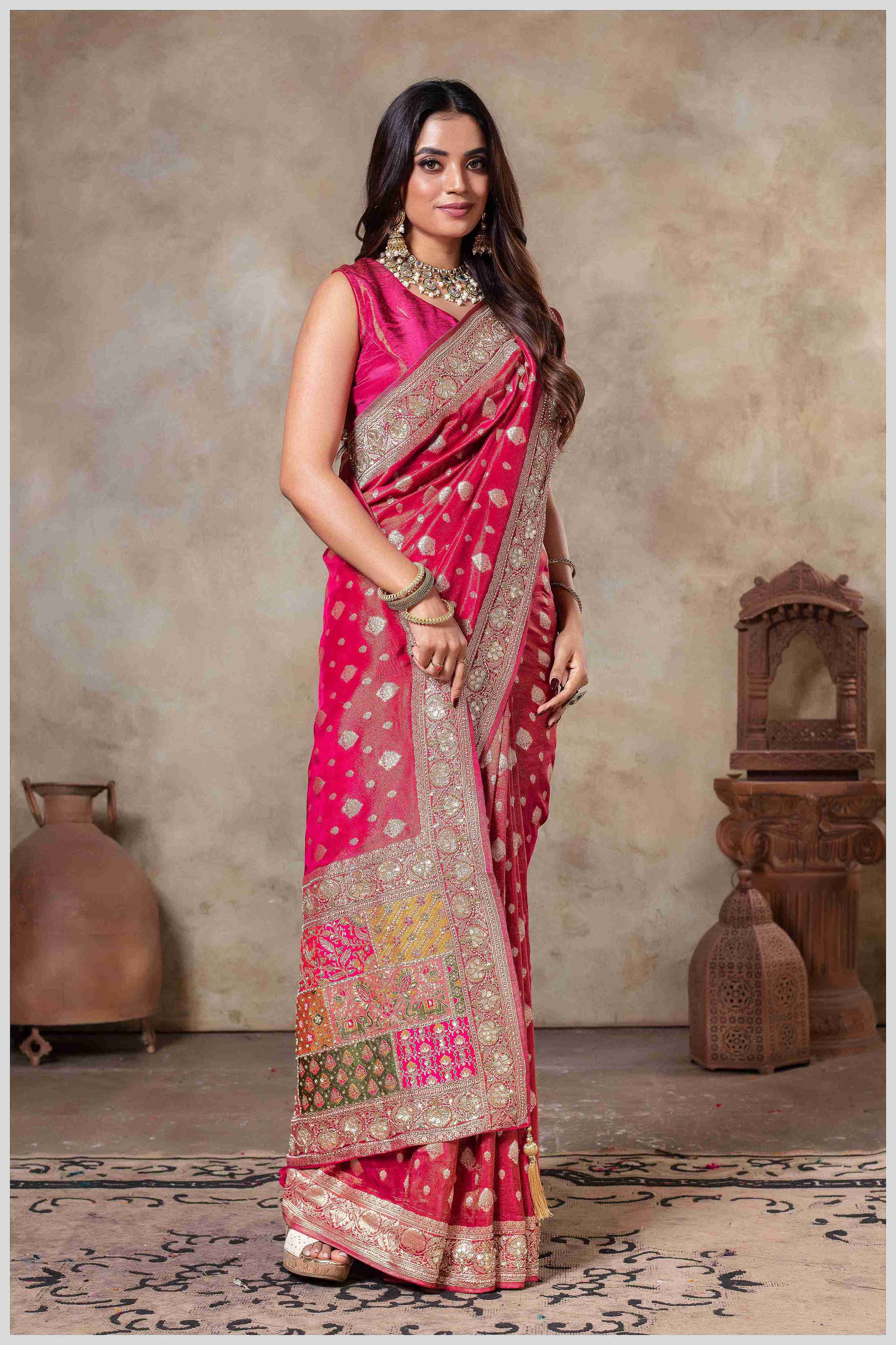 Pink Silk Saree with Mirror Border & Patched Pallu