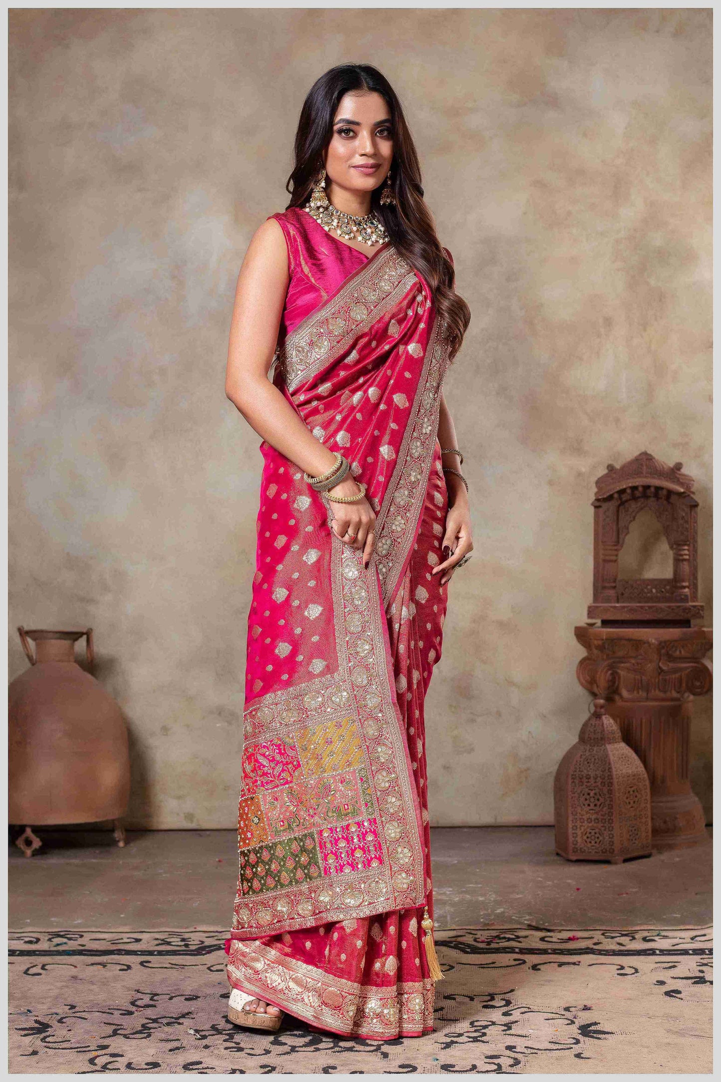 Pink Silk Saree with Mirror Border & Patched Pallu