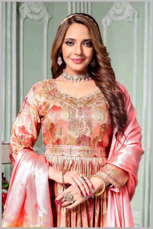 Peach Pink Woven Anarkali with Contrasting Silk Dupatta