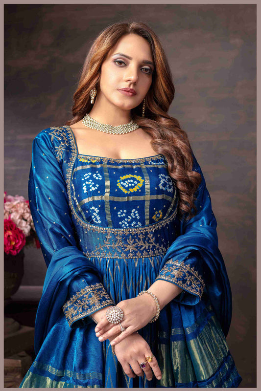 Blue Anarkali with Bandhej Motifs