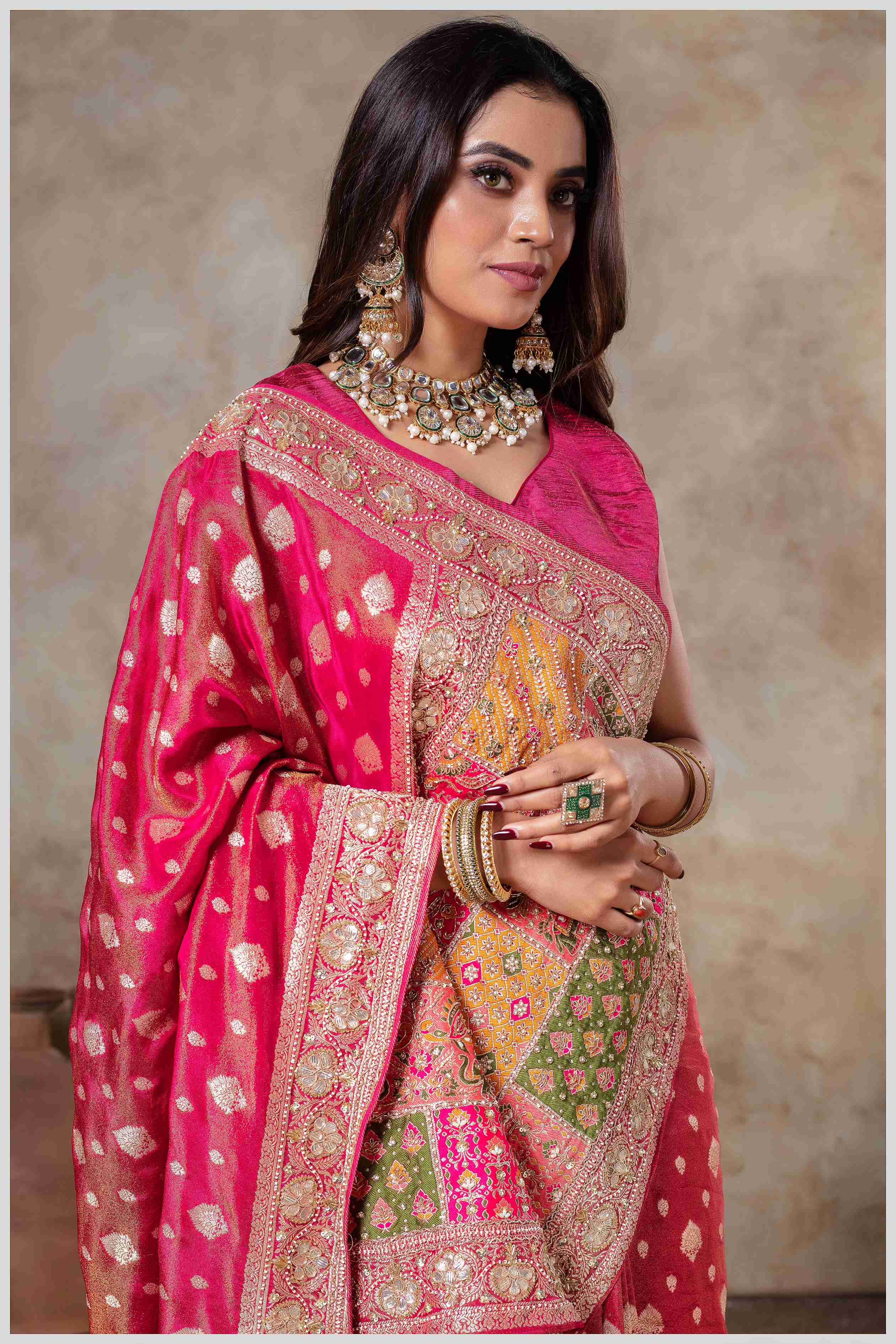 Pink Silk Saree with Mirror Border & Patched Pallu