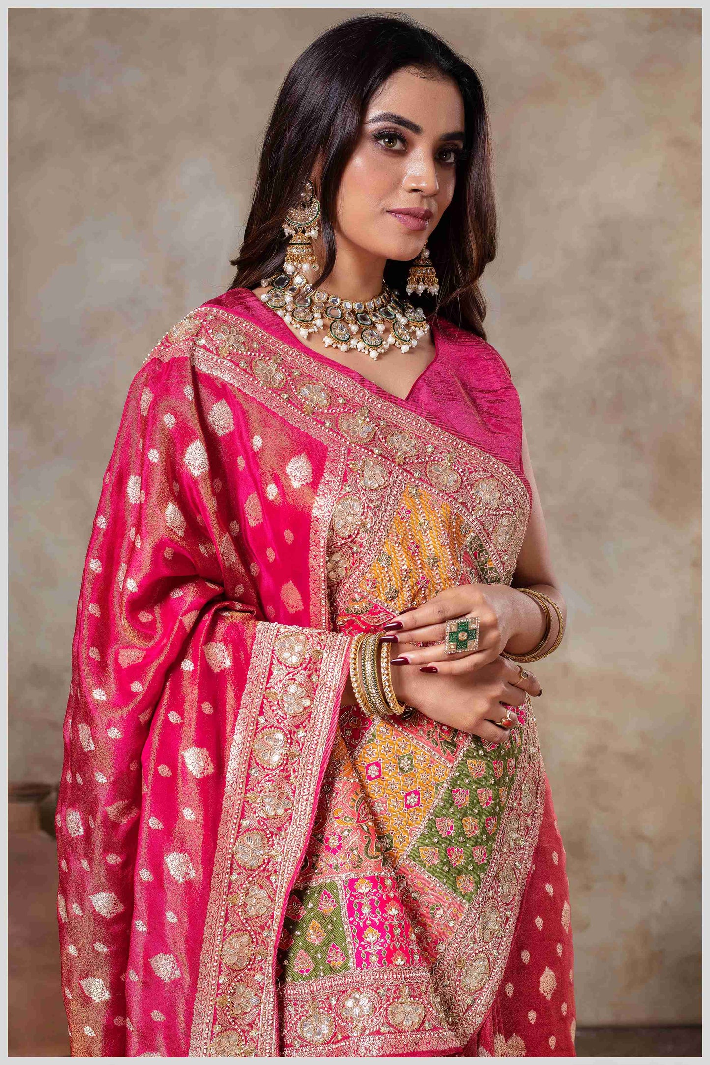 Pink Silk Saree with Mirror Border & Patched Pallu