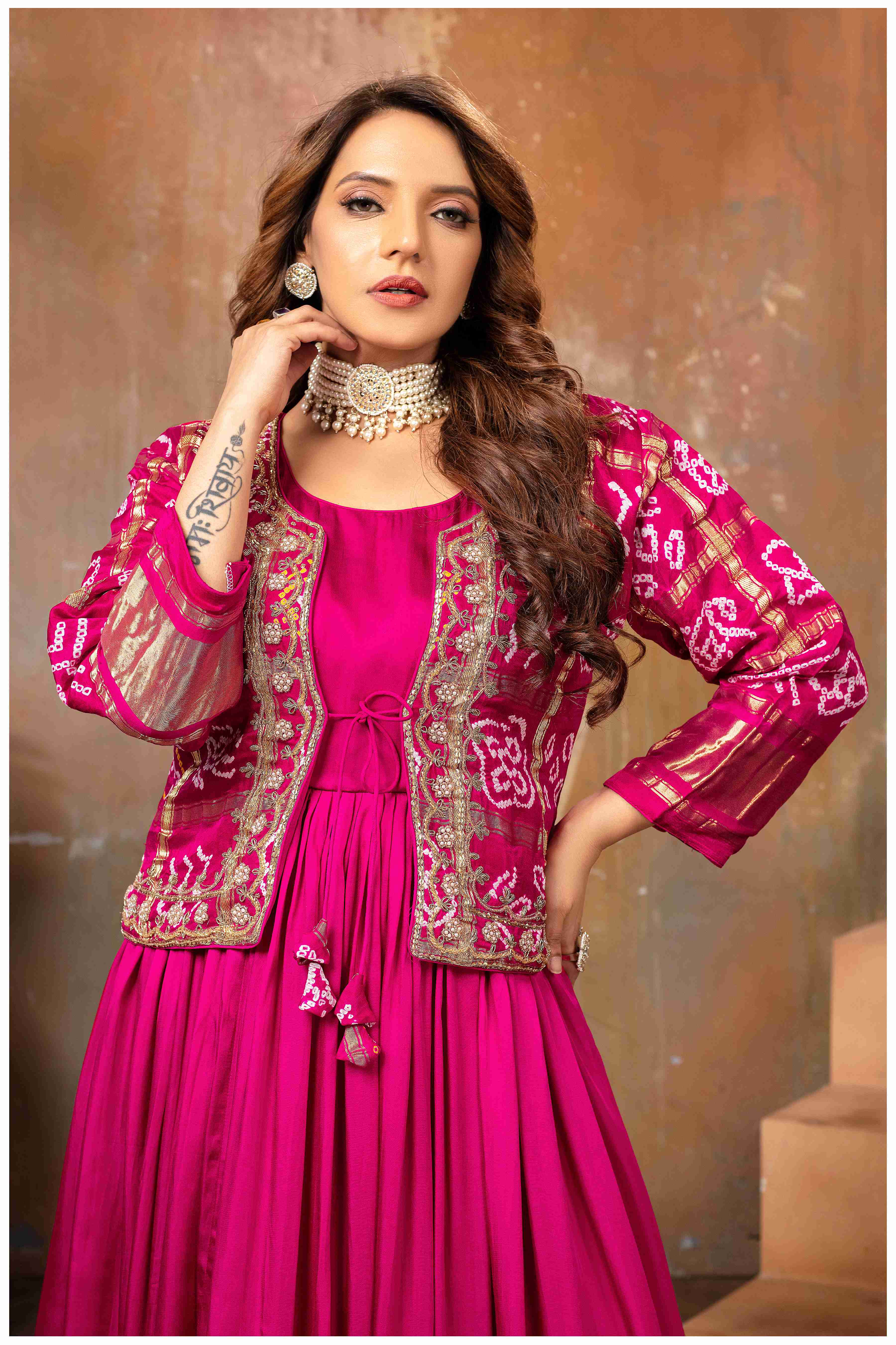 Ethereal Elegance in pink with a Touch of Royal bandhej jacket