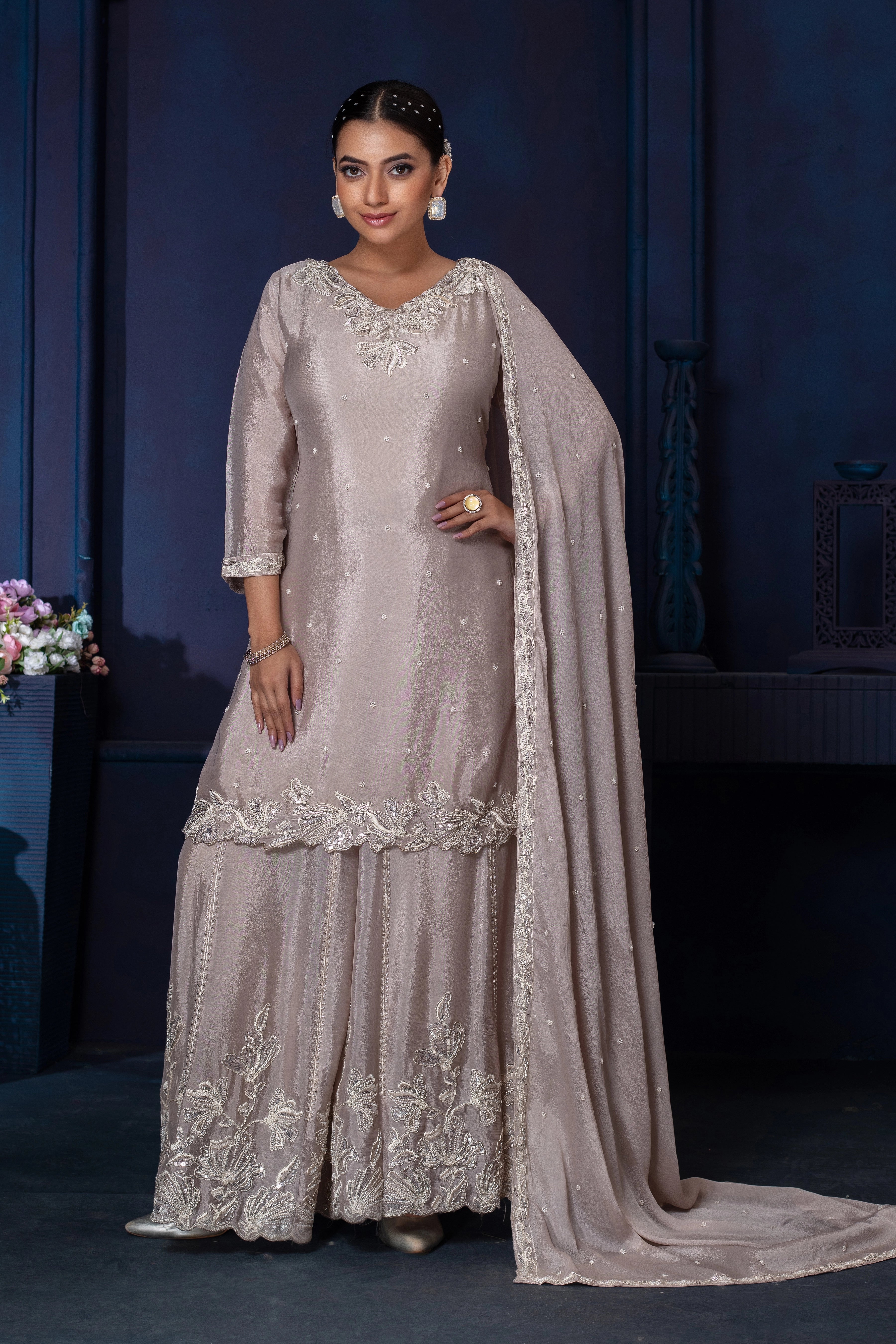 Chinon Beads Work Kurta Palazzo Set with Dupatta