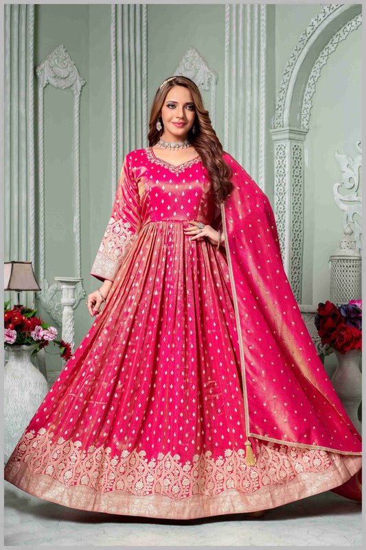 Radiate Grace in This Timeless Pink Tissue Silk Anarkali Gown