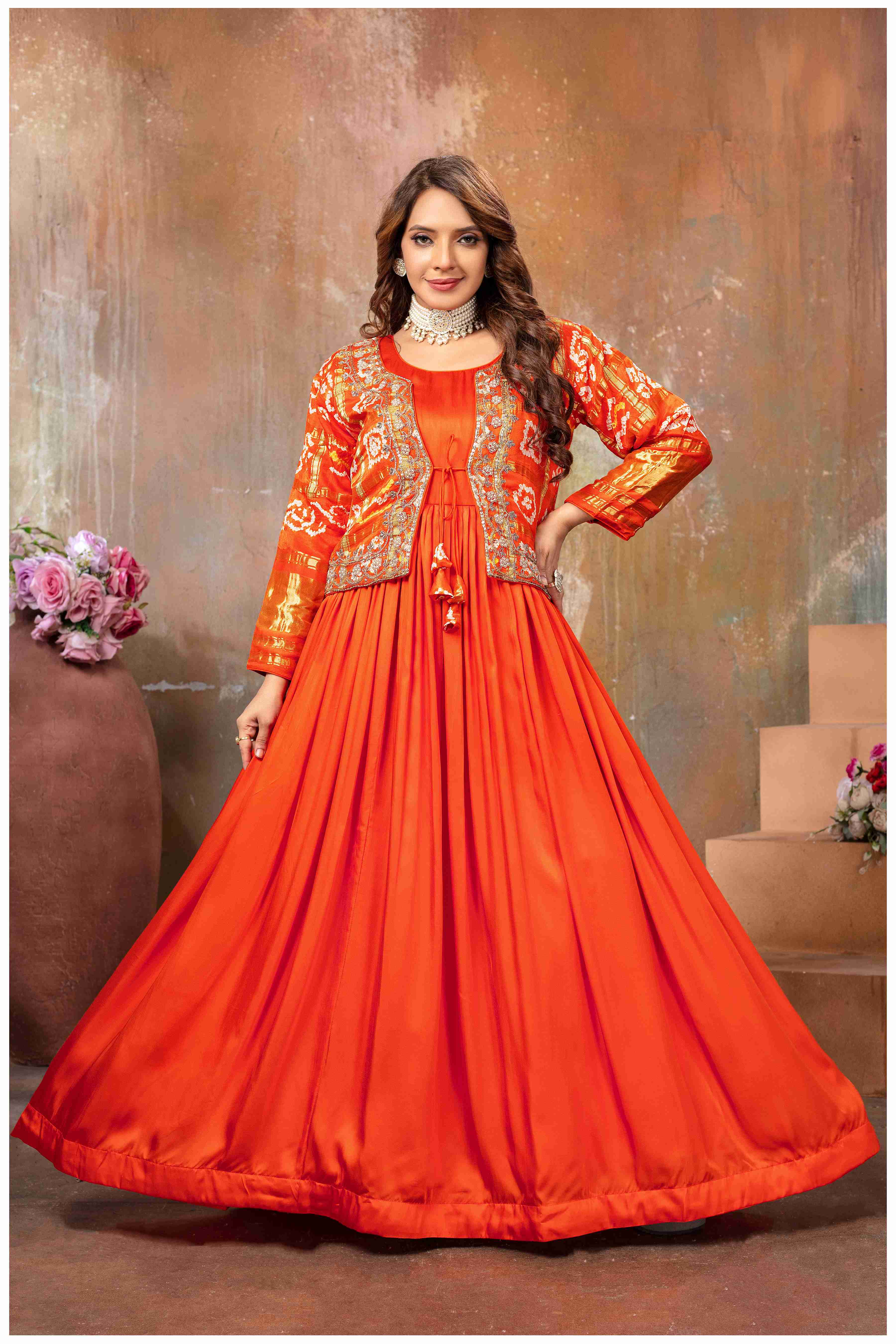 Ethereal Elegance in Rust with a Touch of Royal bandhej jacket