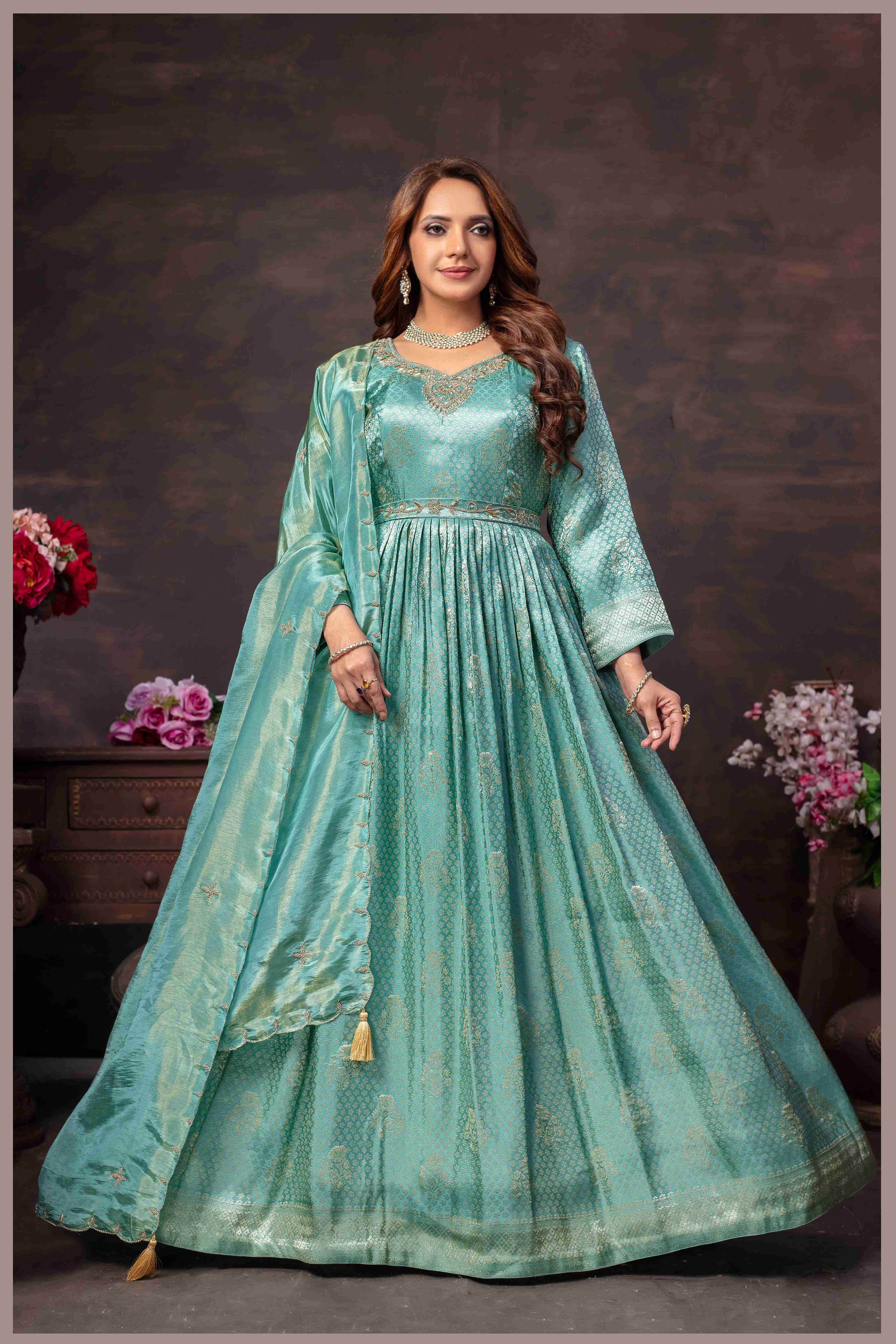 Elegant Dusty Blue Tissue Anarkali Gown
