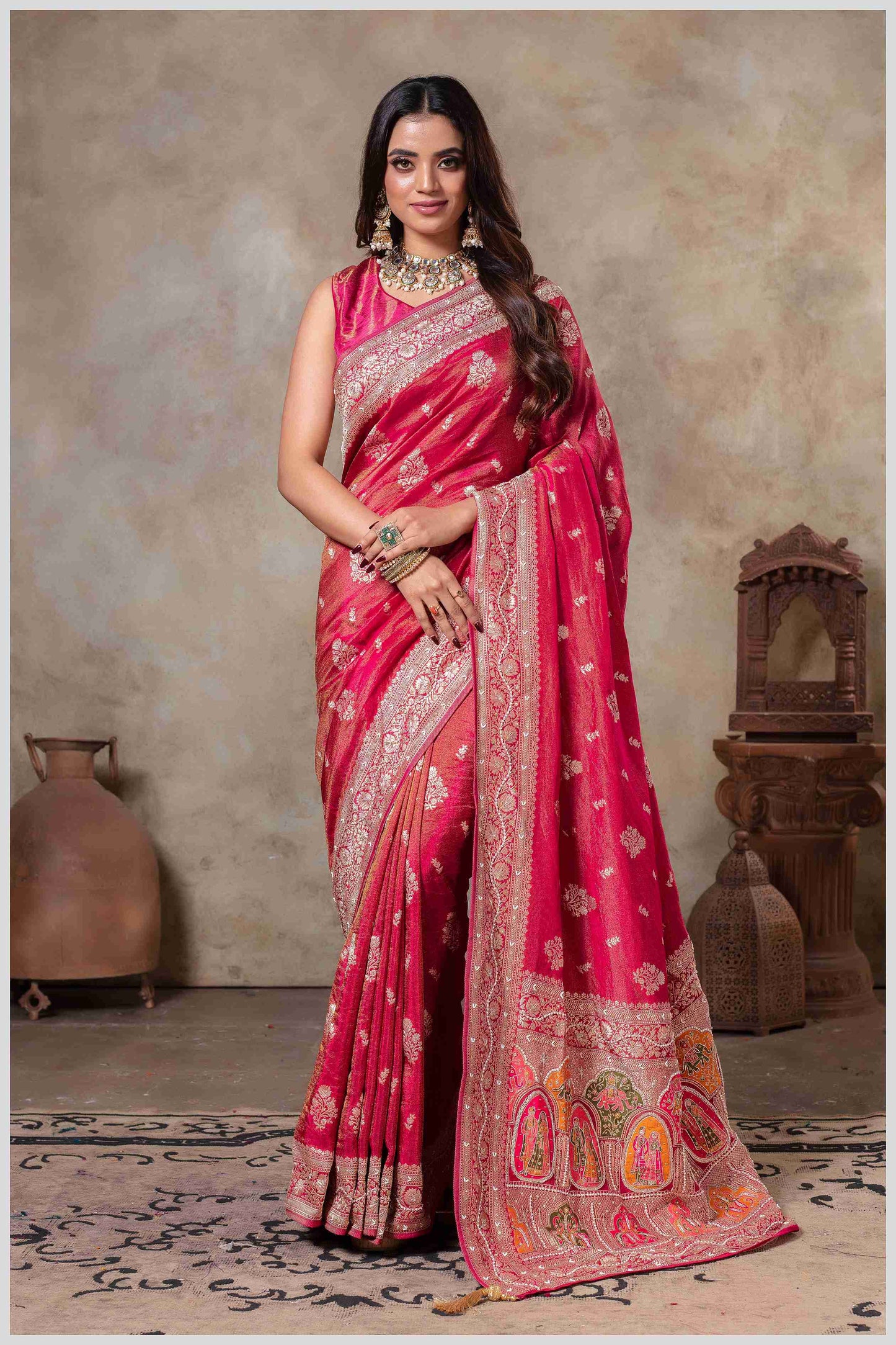 Pink Tissue Saree with Hand Embroidered Border