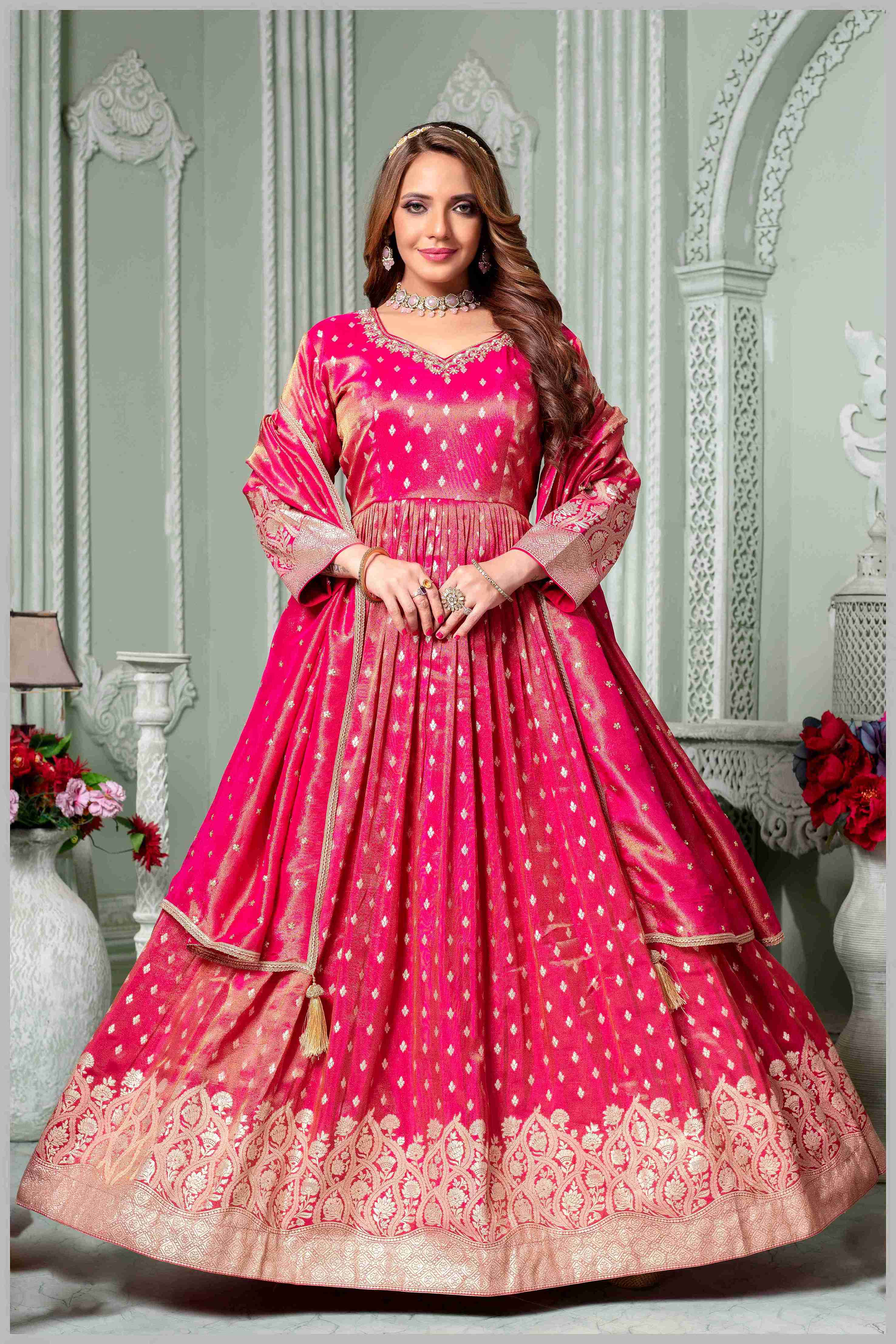 Radiate Grace in This Timeless Pink Tissue Silk Anarkali Gown