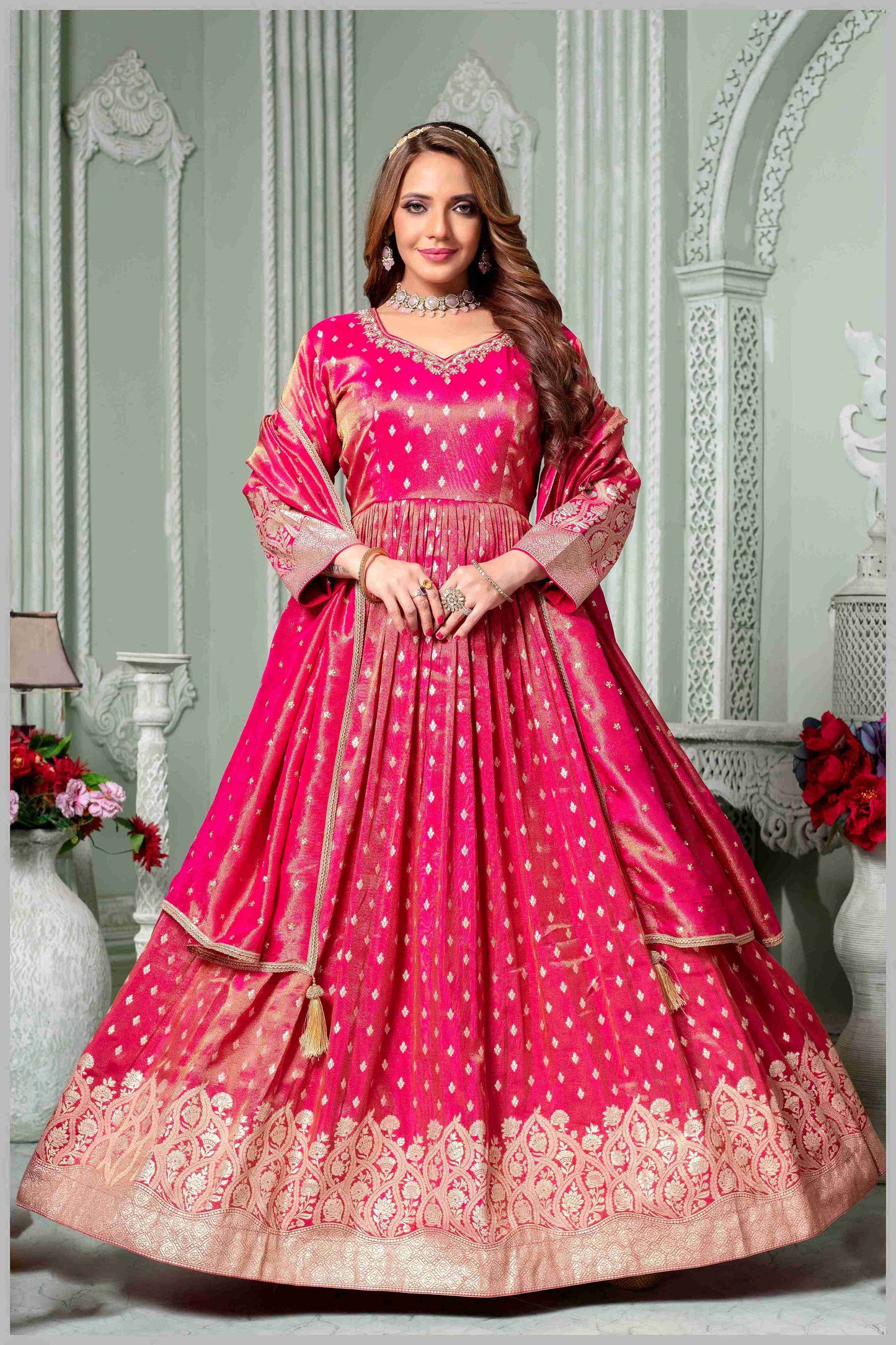 Radiate Grace in This Timeless Pink Tissue Silk Anarkali Gown