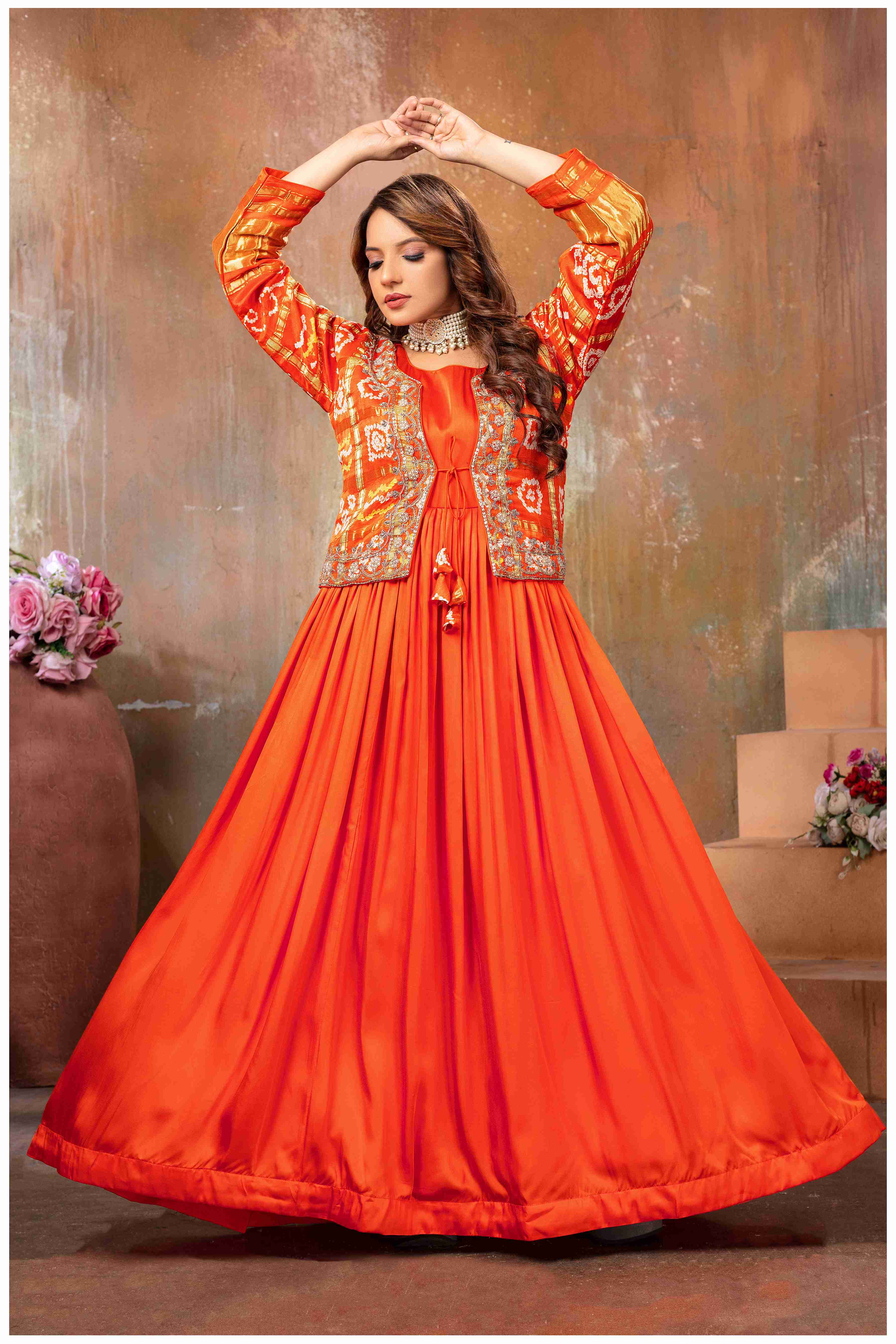 Ethereal Elegance in Rust with a Touch of Royal bandhej jacket