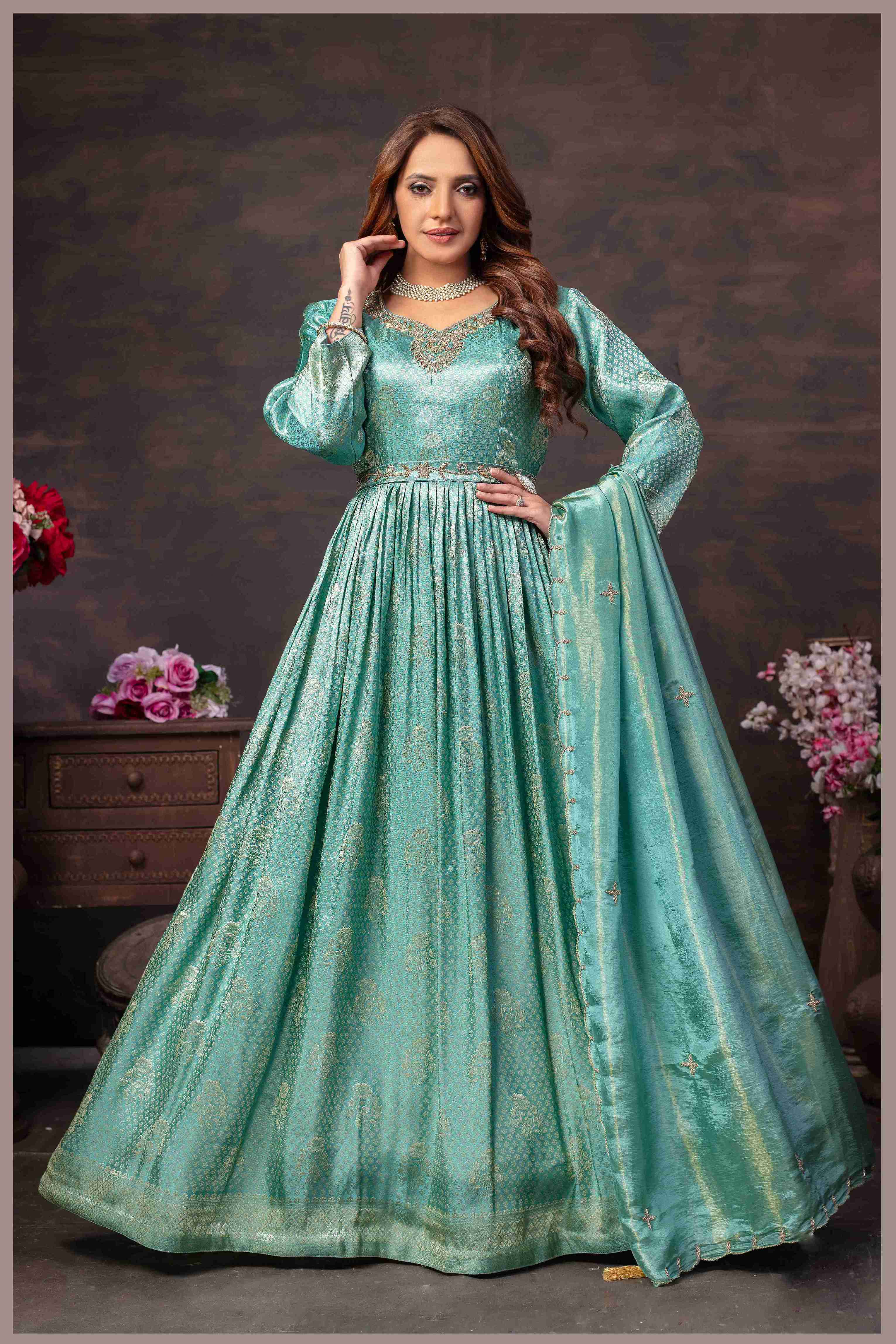 Elegant Dusty Blue Tissue Anarkali Gown