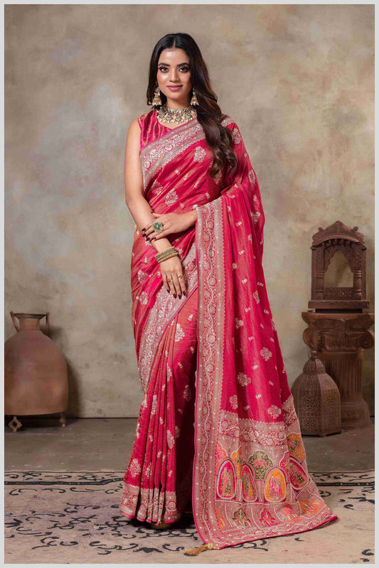 Pink Tissue Saree with Hand Embroidered Border