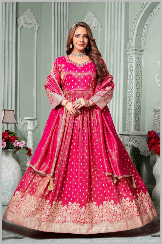 Radiate Grace in This Timeless Pink Tissue Silk Anarkali Gown
