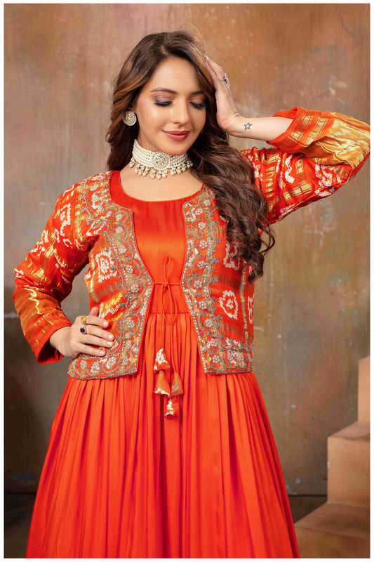 Ethereal Elegance in Rust with a Touch of Royal bandhej jacket