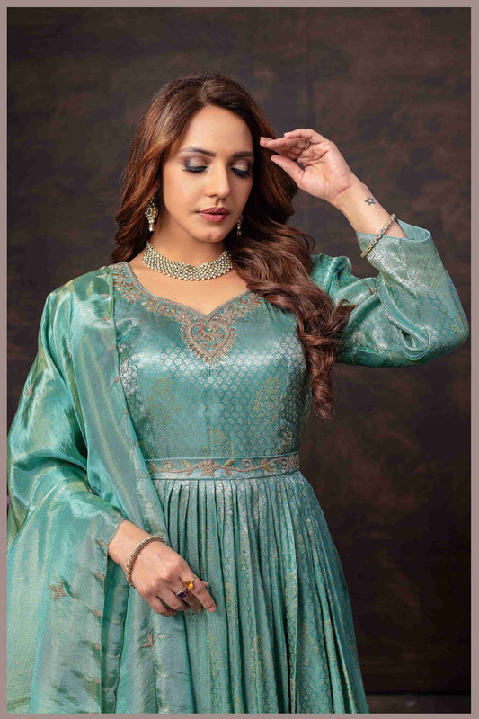 Elegant Dusty Blue Tissue Anarkali Gown
